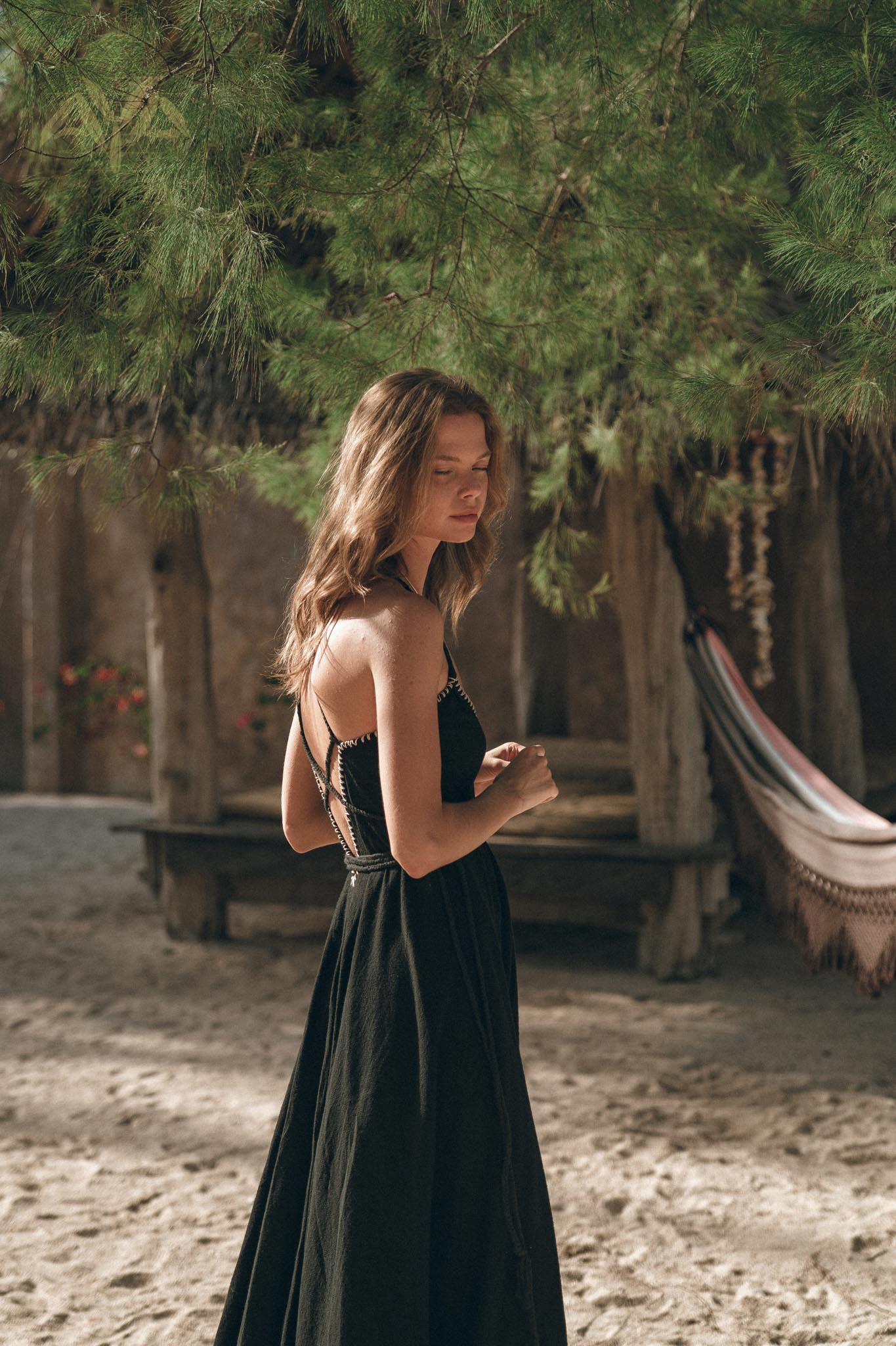 Black Cotton Slip Dress with Hand Embroidery - AYA SW IDR