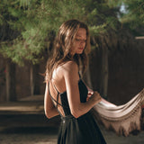 Black Cotton Slip Dress with Hand Embroidery - AYA SW IDR