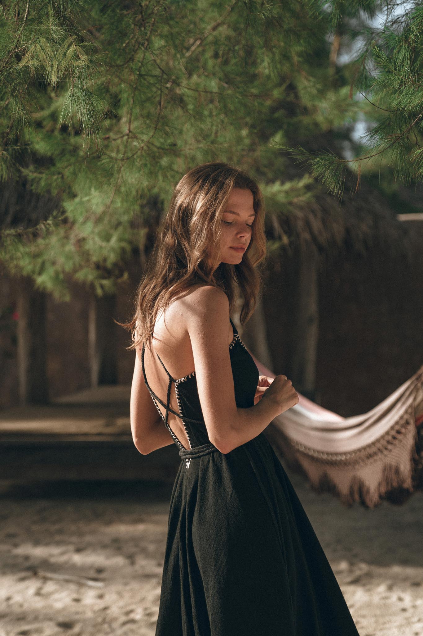 Black Cotton Slip Dress with Hand Embroidery - AYA SW IDR