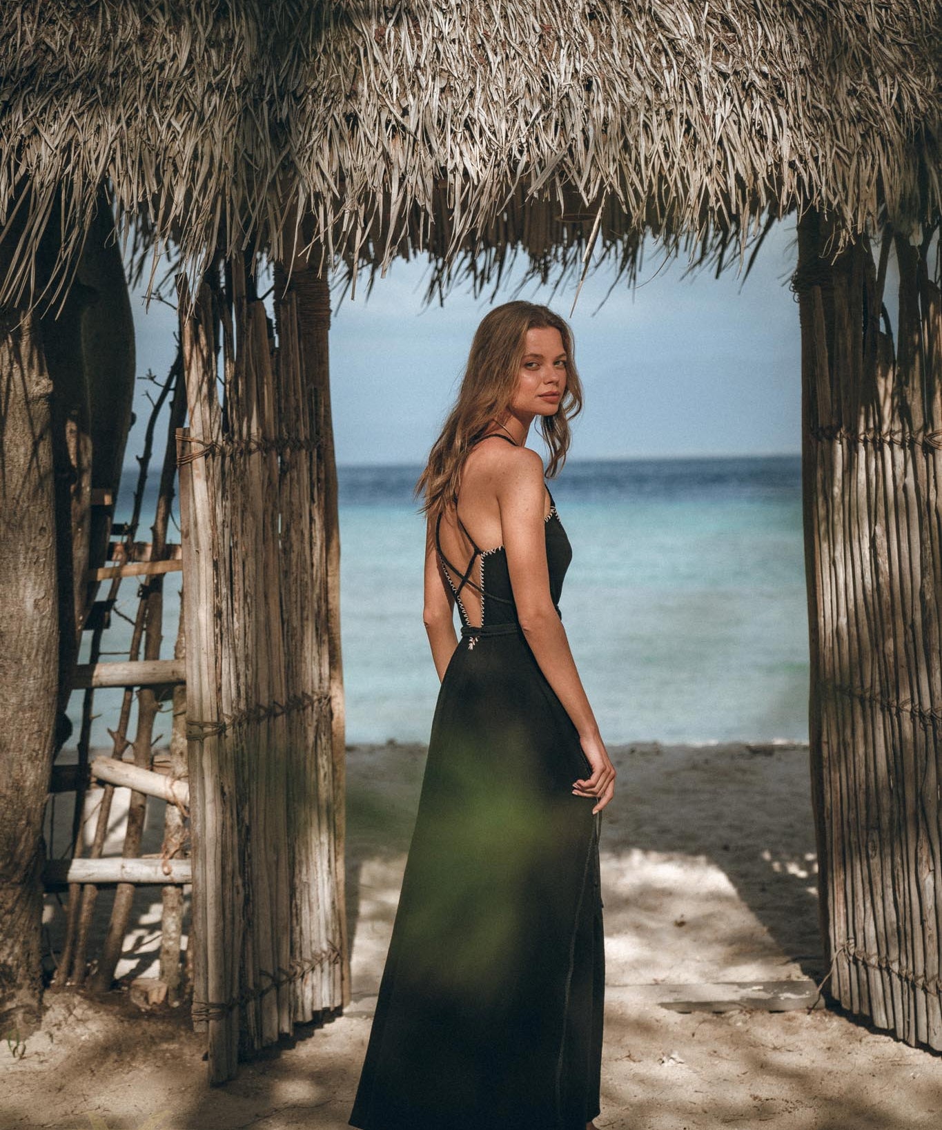 Black Cotton Slip Dress with Hand Embroidery - AYA SW IDR