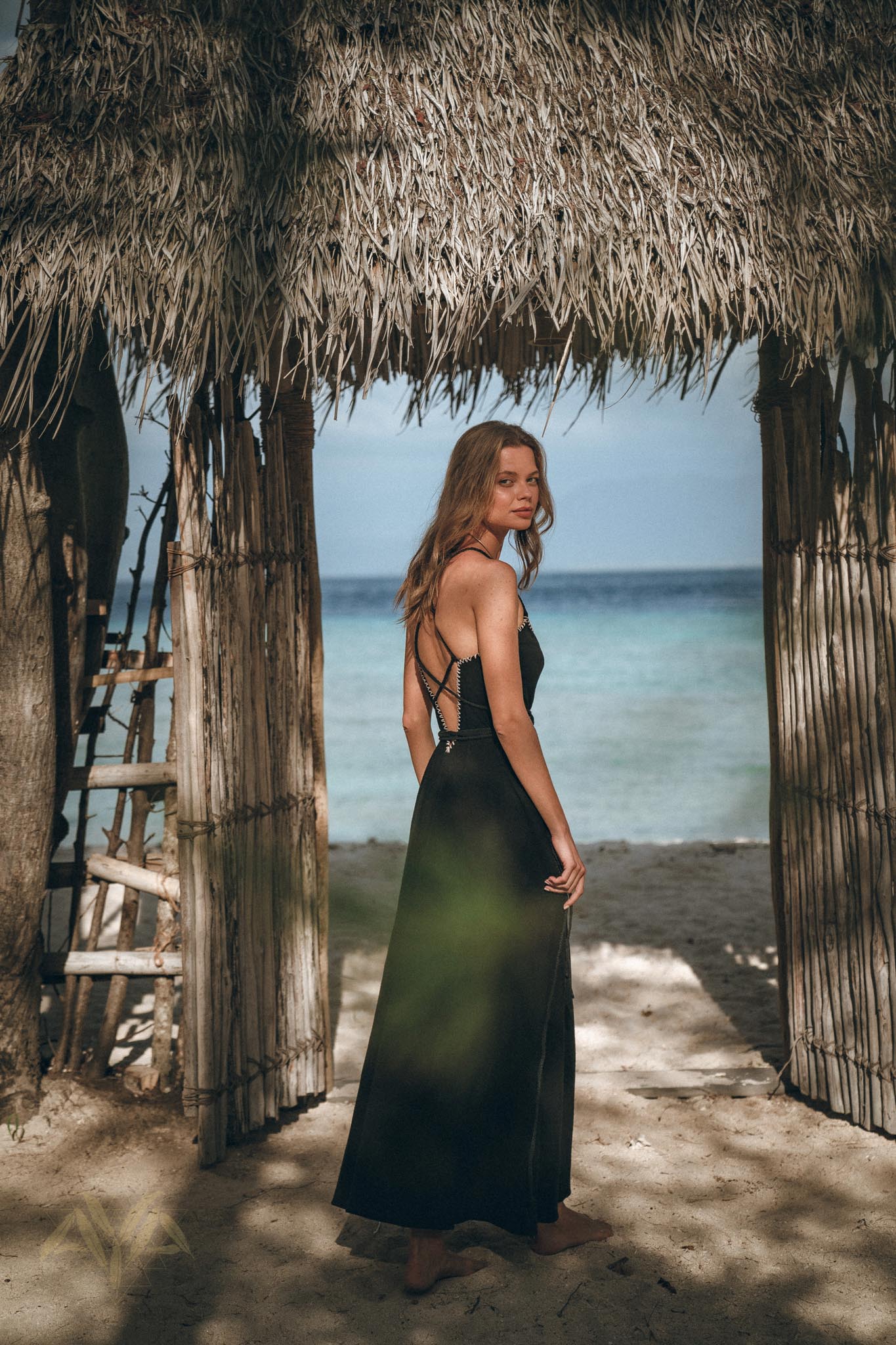 Black Cotton Slip Dress with Hand Embroidery - AYA SW IDR
