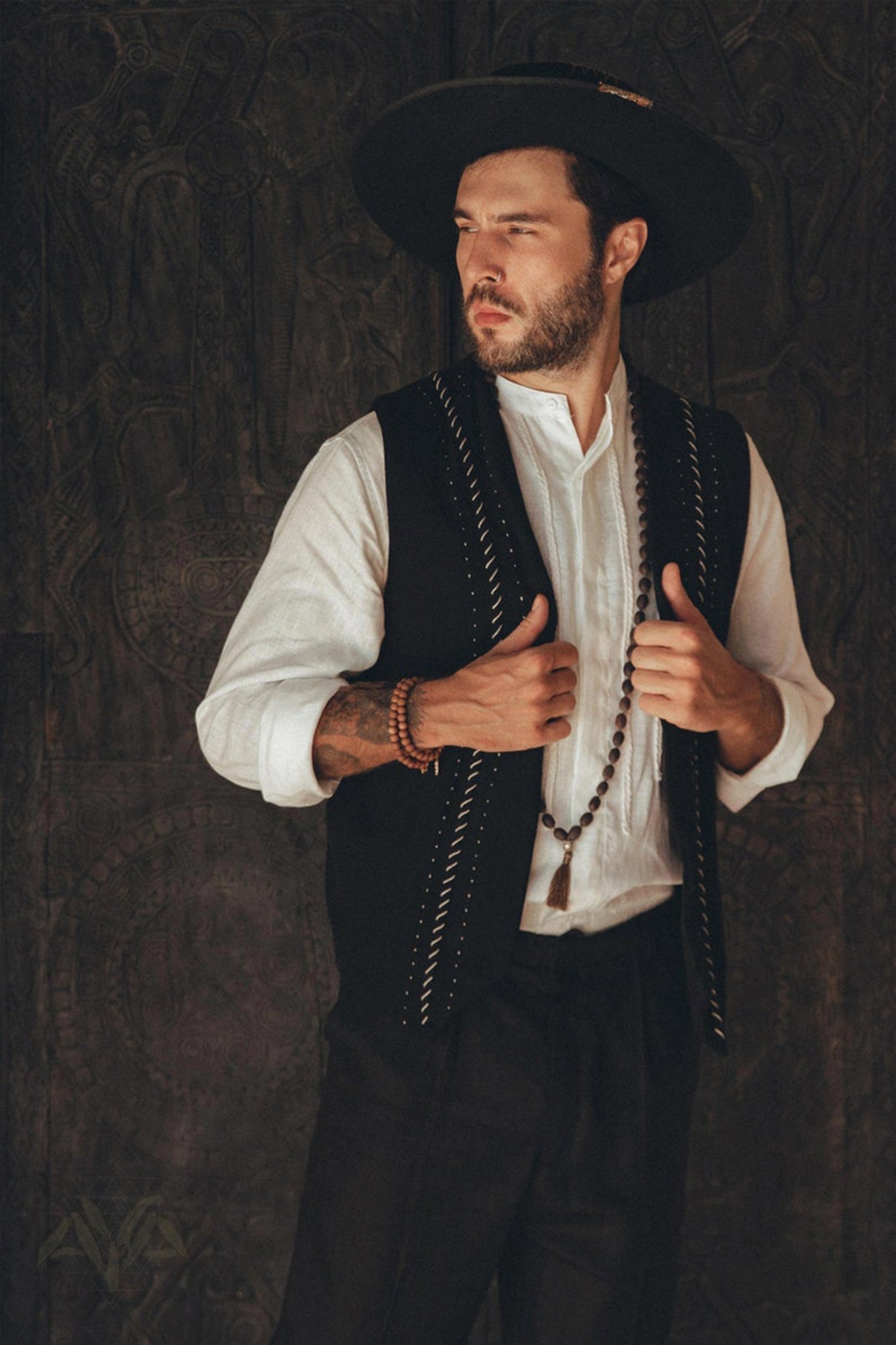 Black Hand Embroidered Vest for Men - AYA SW IDR