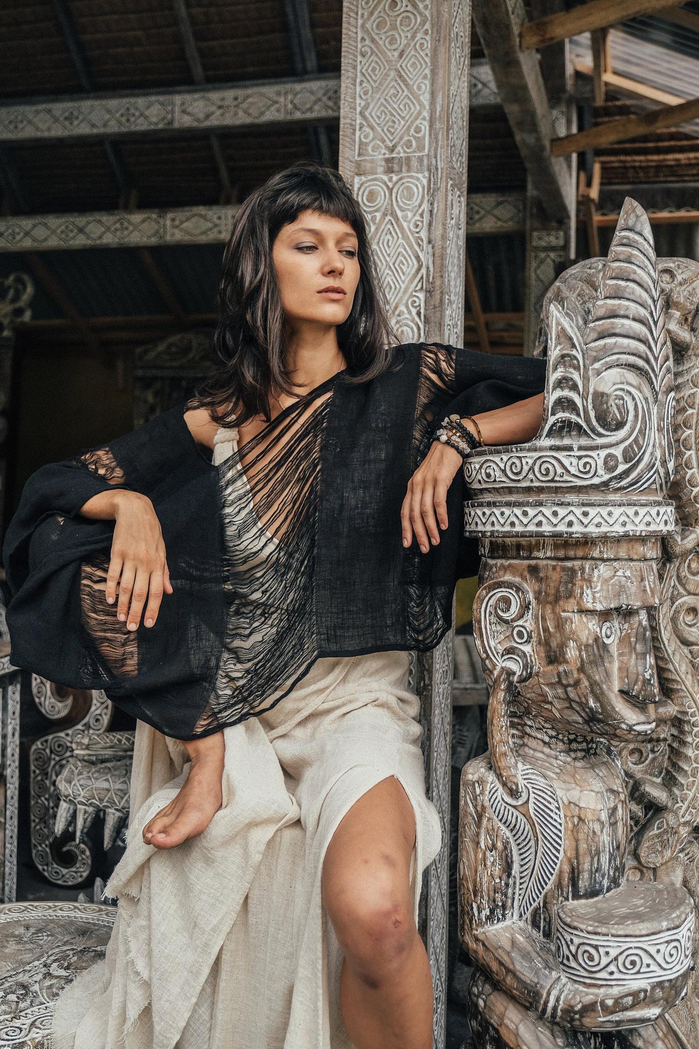 Black Hand Loomed Raw Cotton Top Bohemian Tribal Clothing - AYA SW IDR