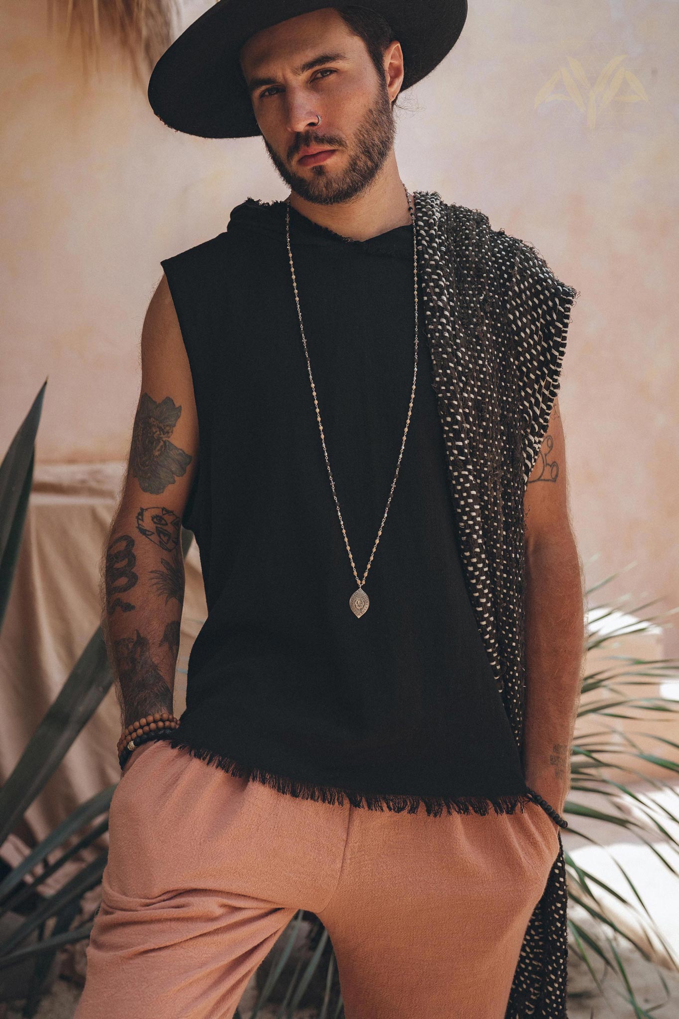 Black Handwoven Cotton Sleeveless Hoody for Men - AYA SW IDR