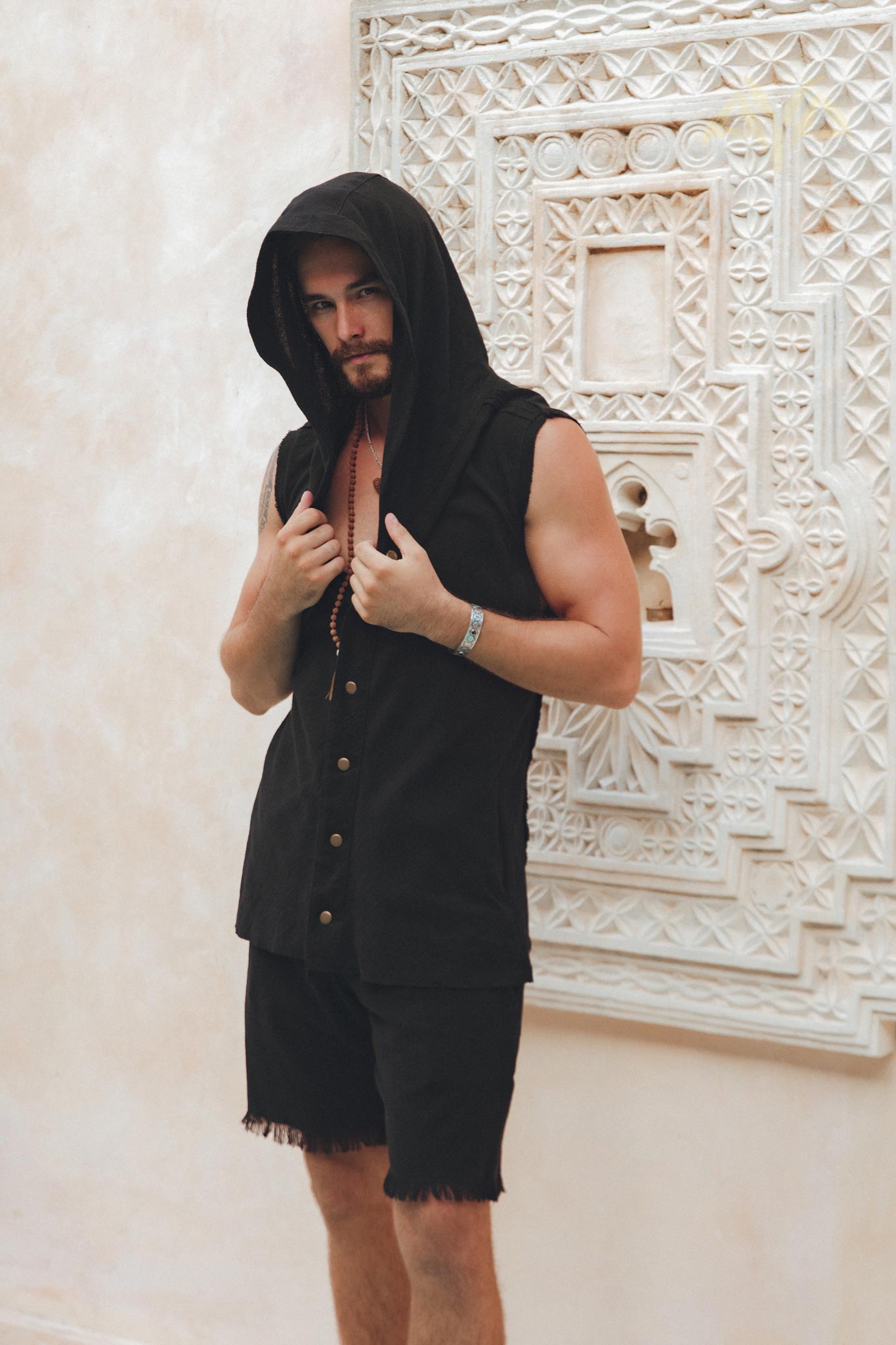 Black Hooded Vest Waistcoat for Men - AYA SW IDR
