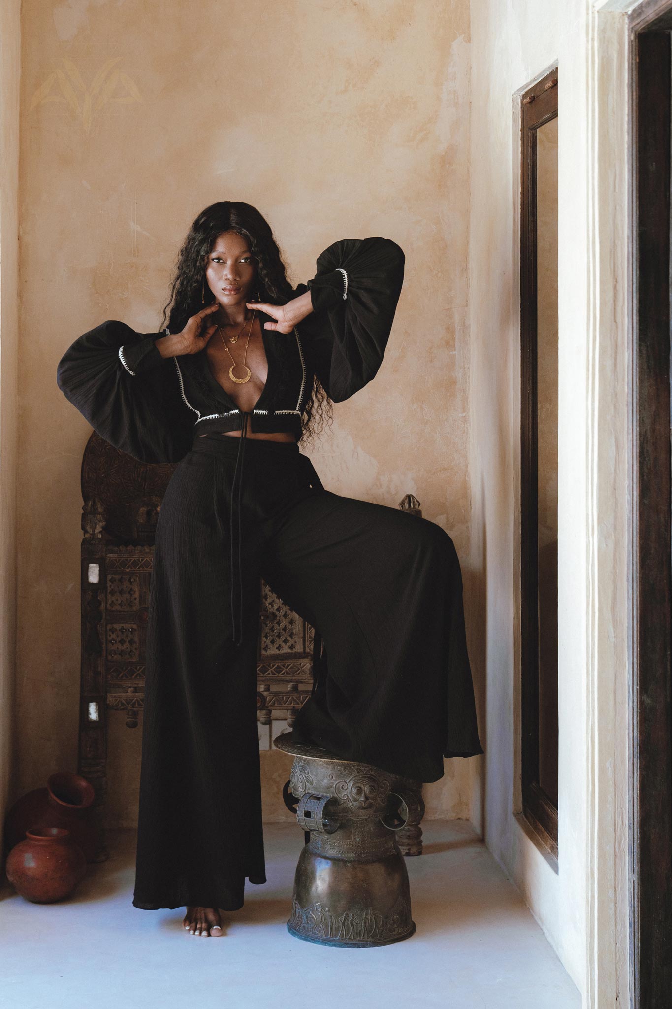 Black Linen Pants • Organic Summer Pants Women • Boho Adjustable Trousers - AYA SW IDR