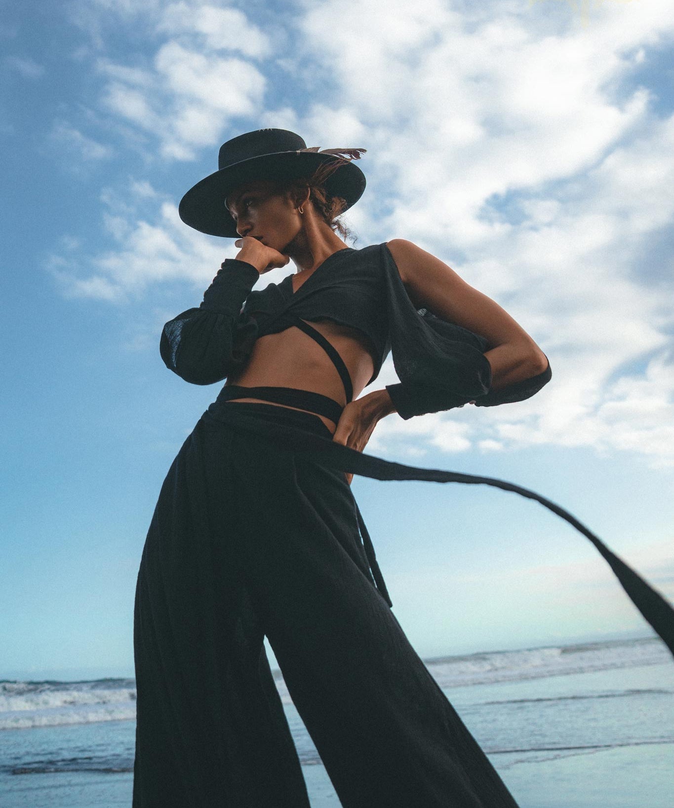 Black Open Shoulders set • Boho Crop Top and Pants • Goth Adjustable Set - AYA SW IDR