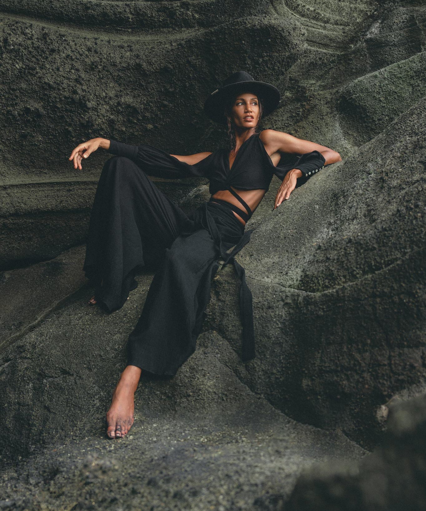 Black Open Shoulders set • Boho Crop Top and Pants • Goth Adjustable Set - AYA SW IDR