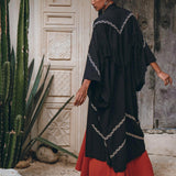 Black Organic Poncho • Tribal Cotton Robe • Hand Embroidered Overcoat - AYA SW IDR