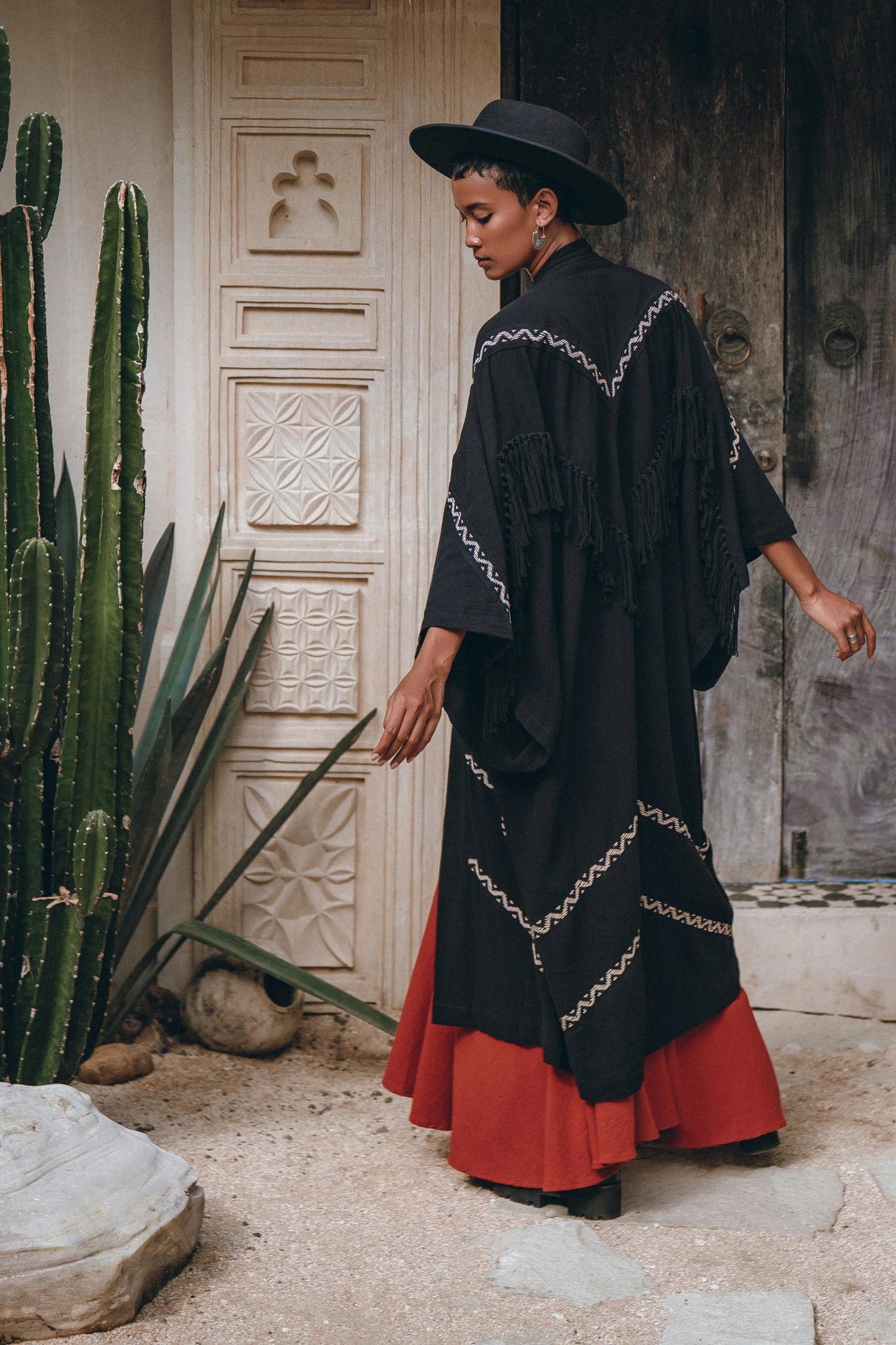 Black Organic Poncho • Tribal Cotton Robe • Hand Embroidered Overcoat - AYA SW IDR