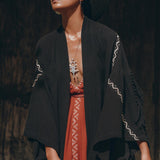 Black Organic Poncho • Tribal Cotton Robe • Hand Embroidered Overcoat - AYA SW IDR