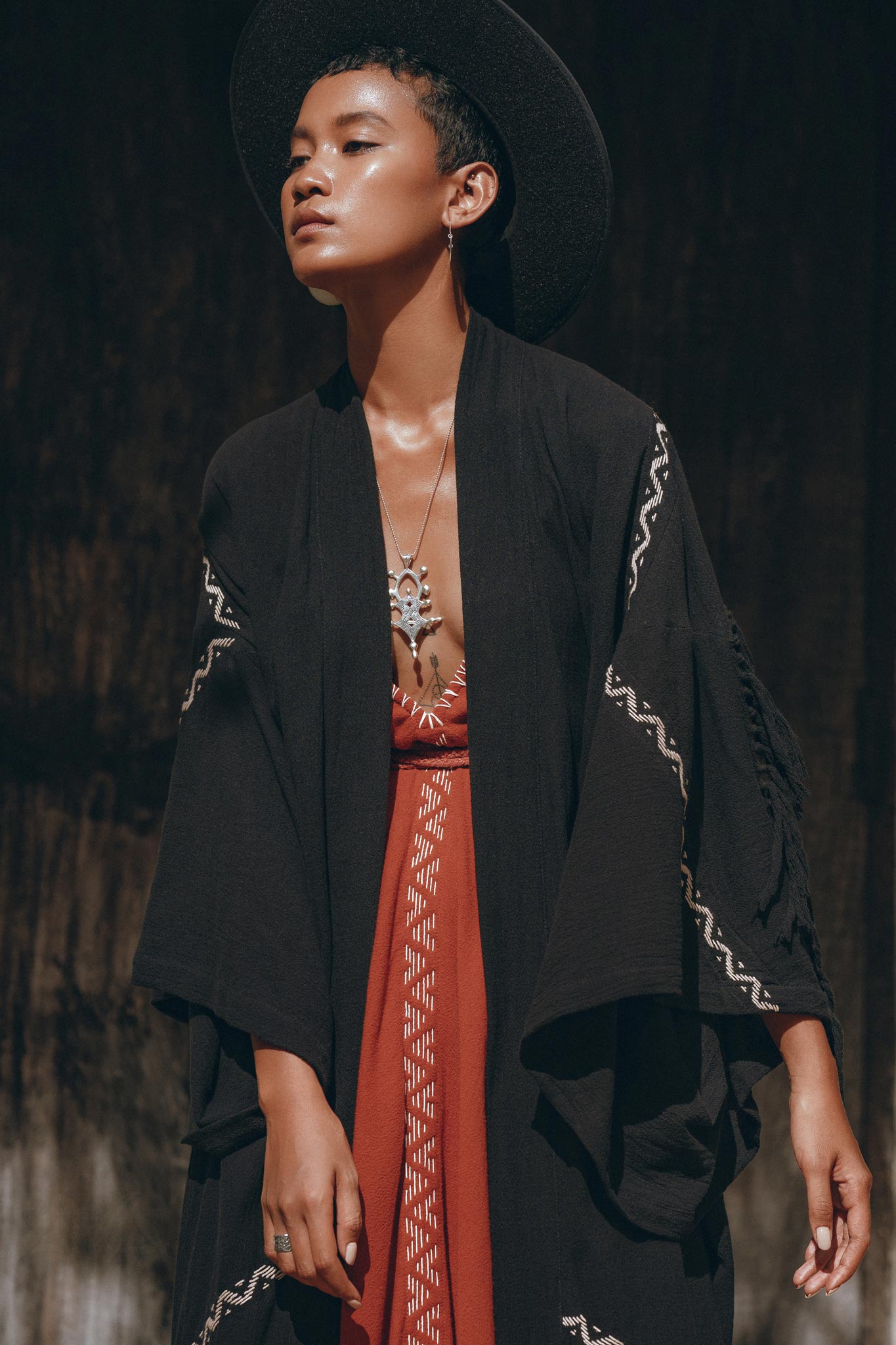 Black Organic Poncho • Tribal Cotton Robe • Hand Embroidered Overcoat - AYA SW IDR