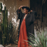 Black Organic Poncho • Tribal Cotton Robe • Hand Embroidered Overcoat - AYA SW IDR