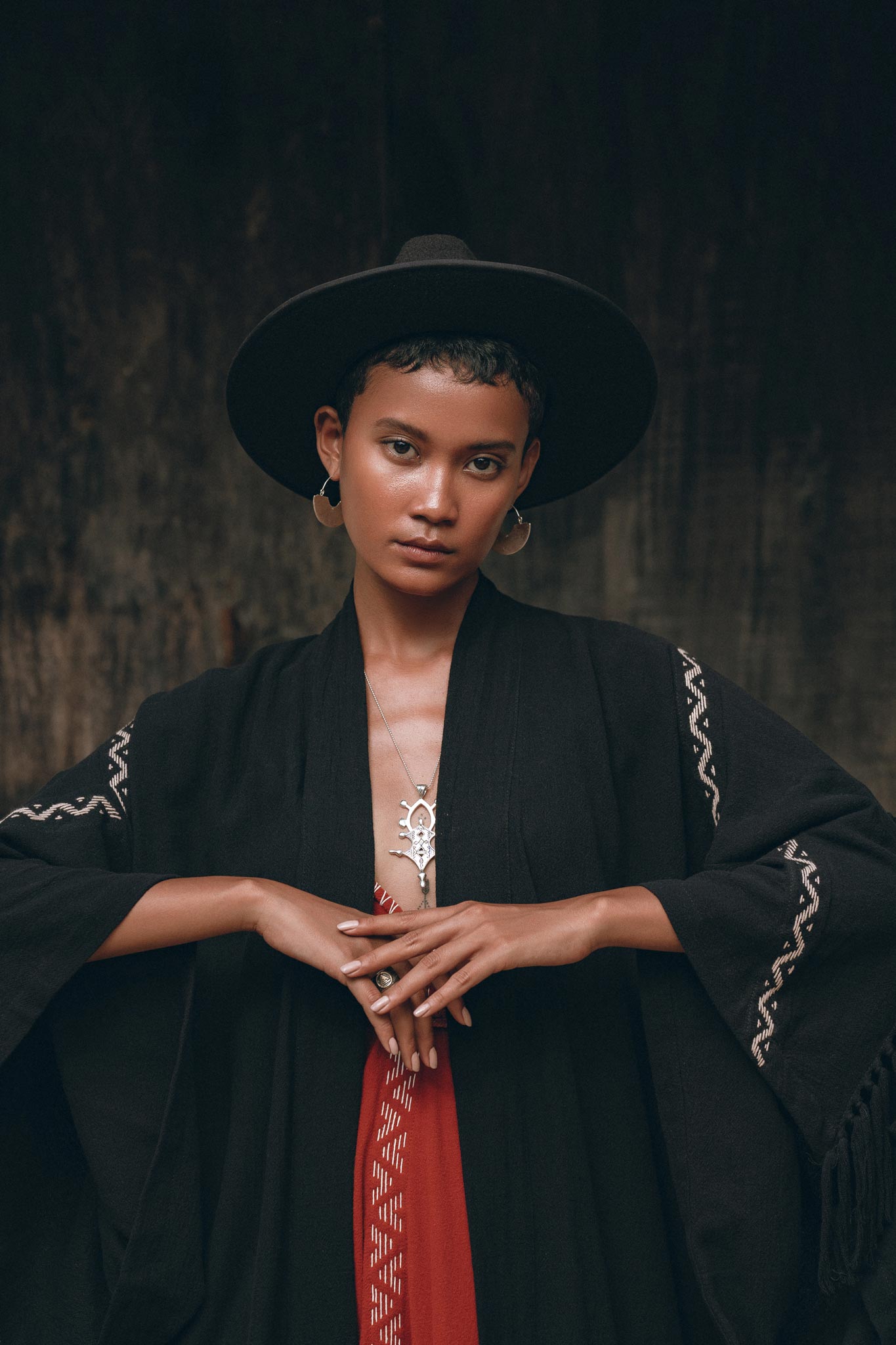 Black Organic Poncho • Tribal Cotton Robe • Hand Embroidered Overcoat - AYA SW IDR