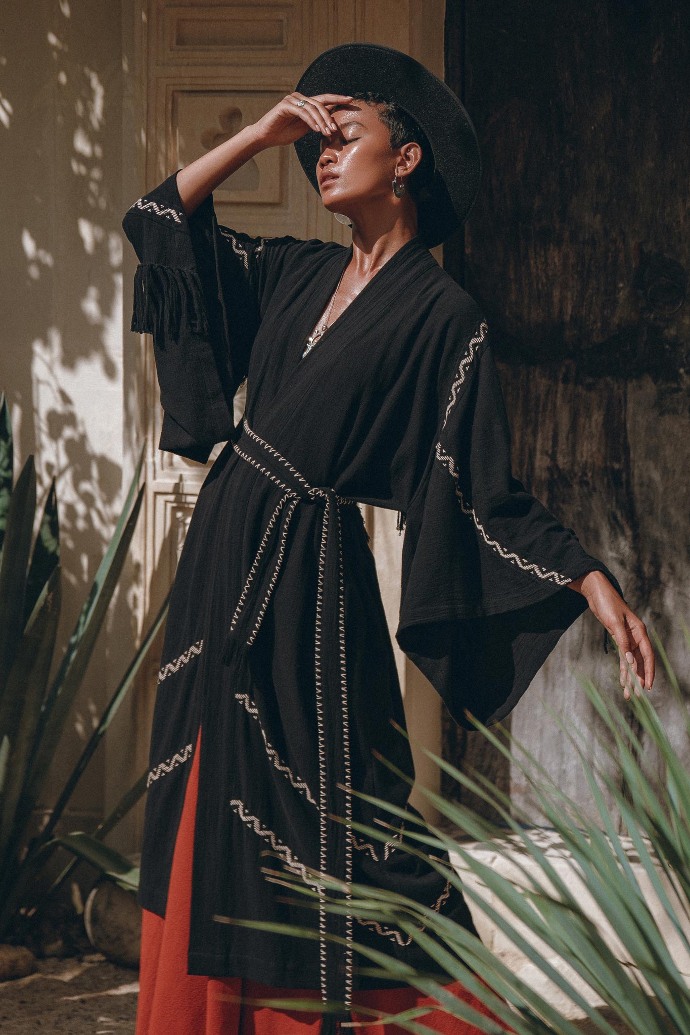 Black Organic Poncho • Tribal Cotton Robe • Hand Embroidered Overcoat - AYA SW IDR