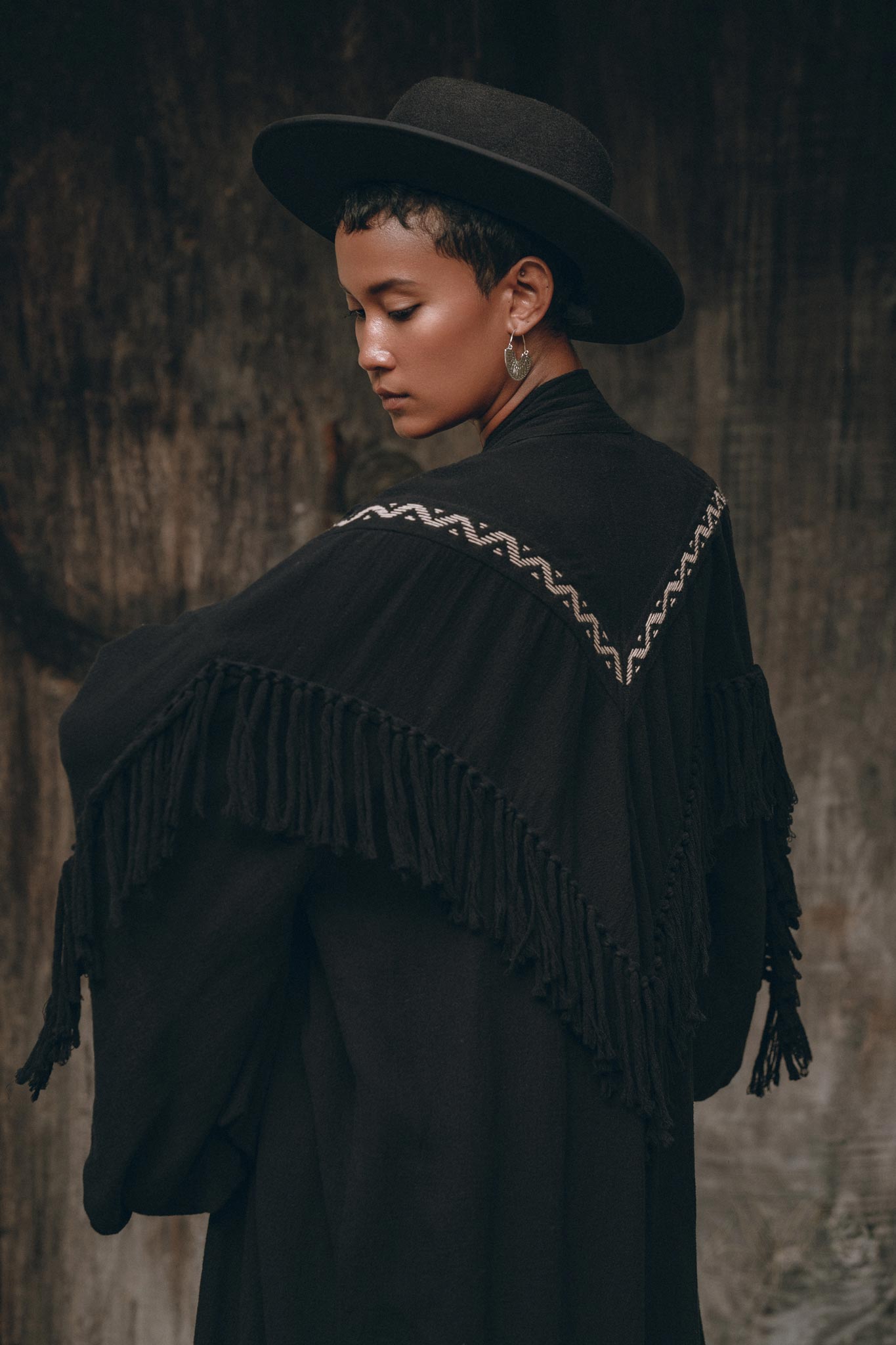 Black Organic Poncho • Tribal Cotton Robe • Hand Embroidered Overcoat - AYA SW IDR