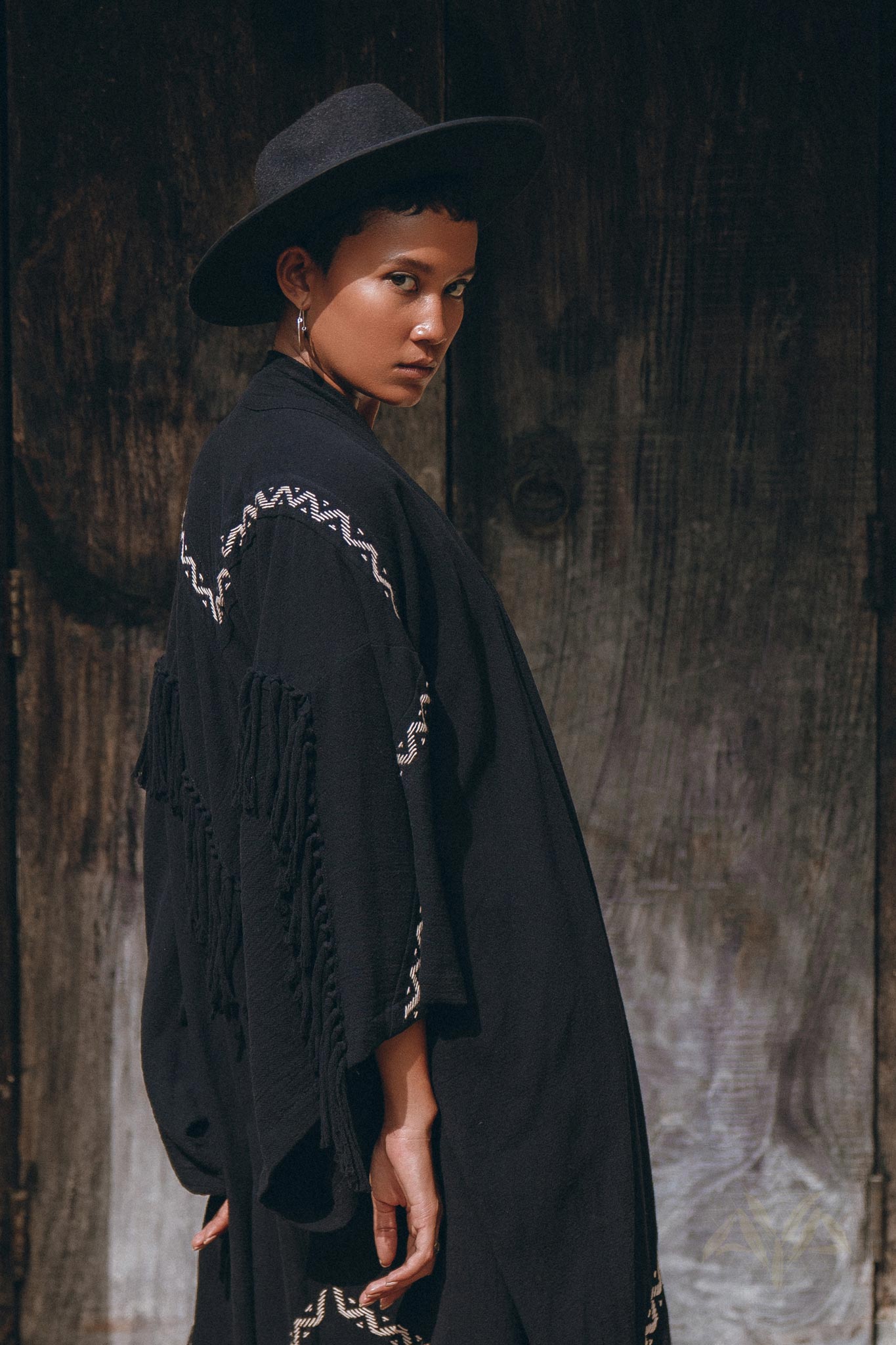 Black Organic Poncho • Tribal Cotton Robe • Hand Embroidered Overcoat - AYA SW IDR