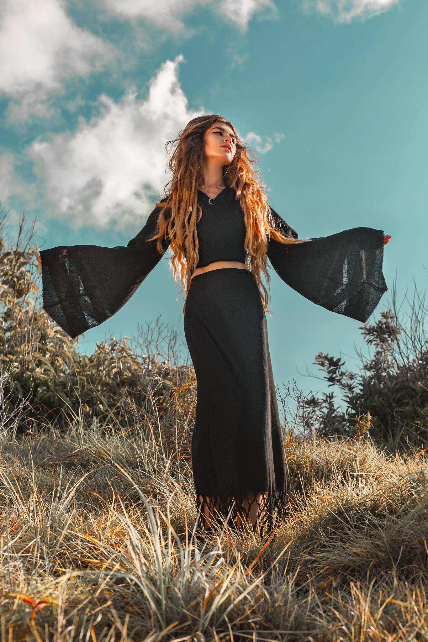 Black Organic Top Women • Wide Sleeve Wrap Top Kimono Blouse - AYA SW IDR