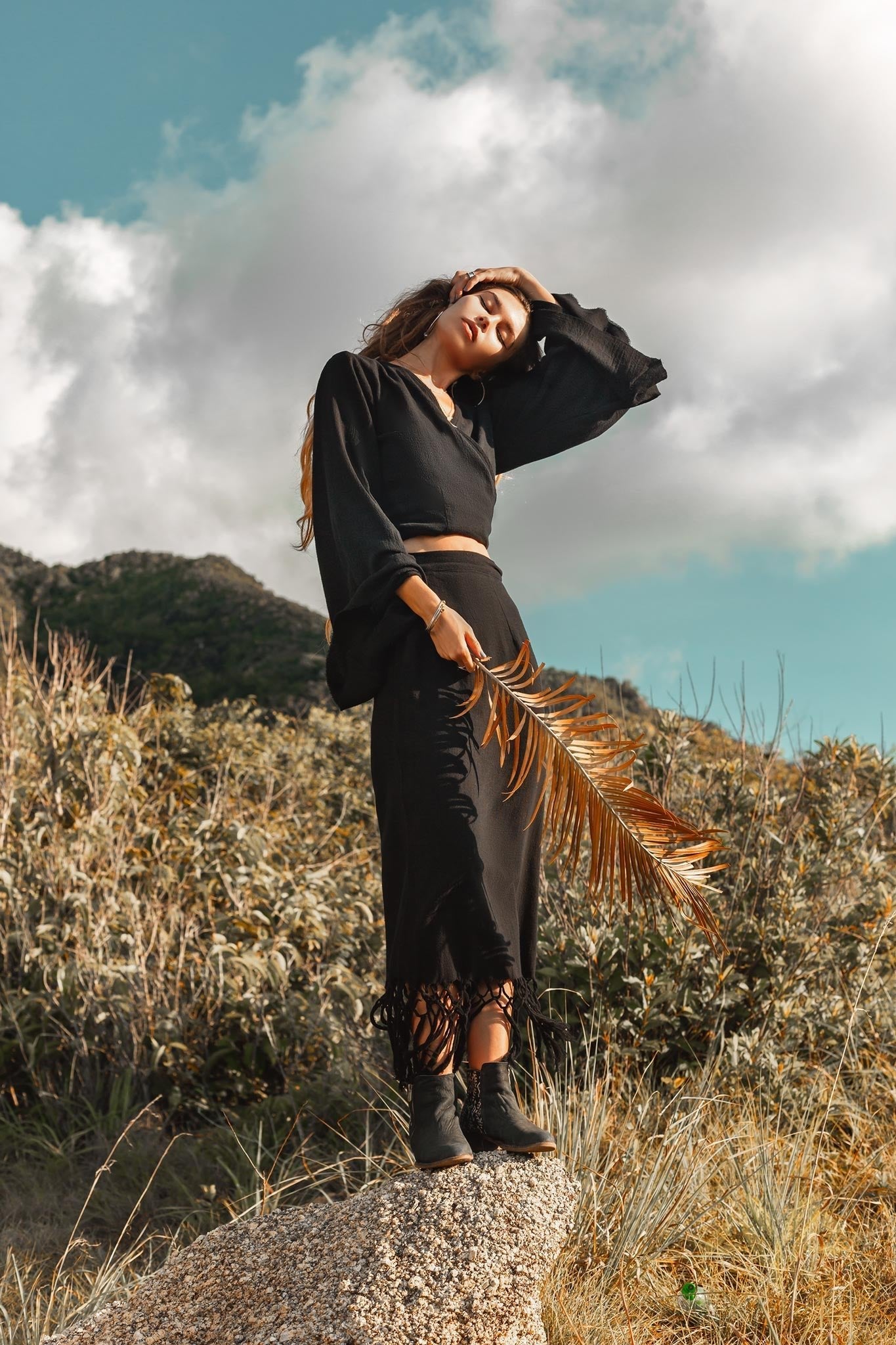 Black Organic Top Women • Wide Sleeve Wrap Top Kimono Blouse - AYA SW IDR