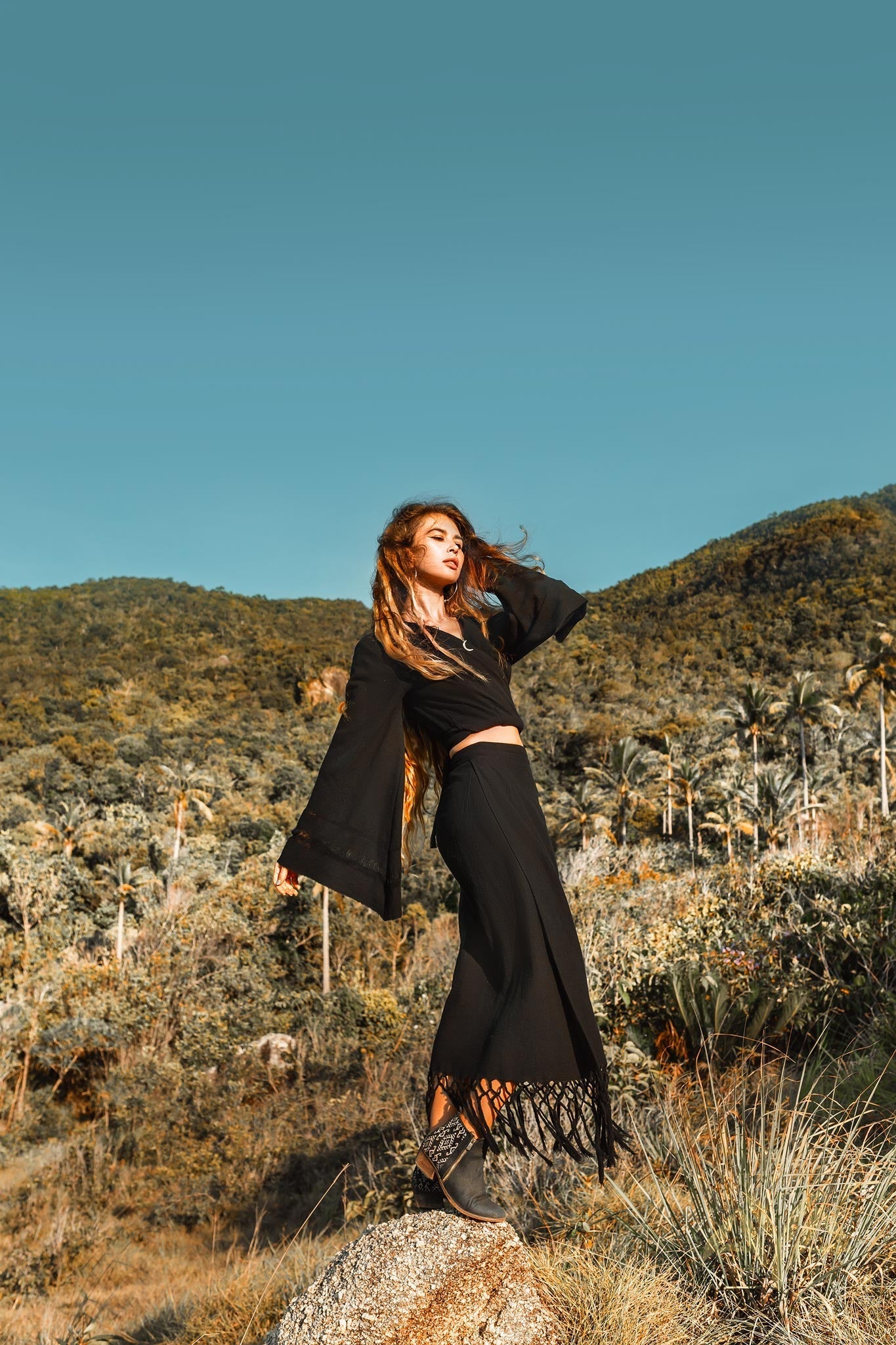 Black Organic Top Women • Wide Sleeve Wrap Top Kimono Blouse - AYA SW IDR