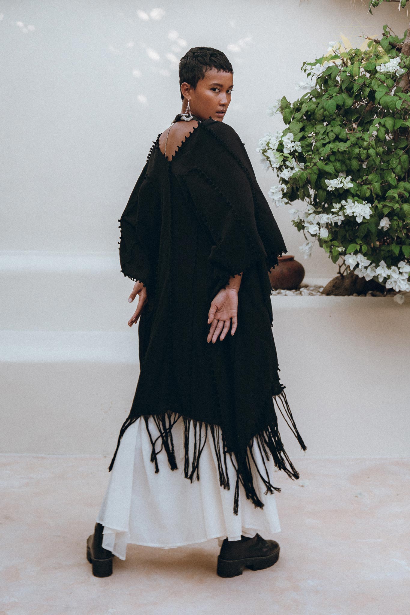 Black Poncho Robe • Boho Cape for Women • Bohemian Kimono Overcoat - AYA SW IDR