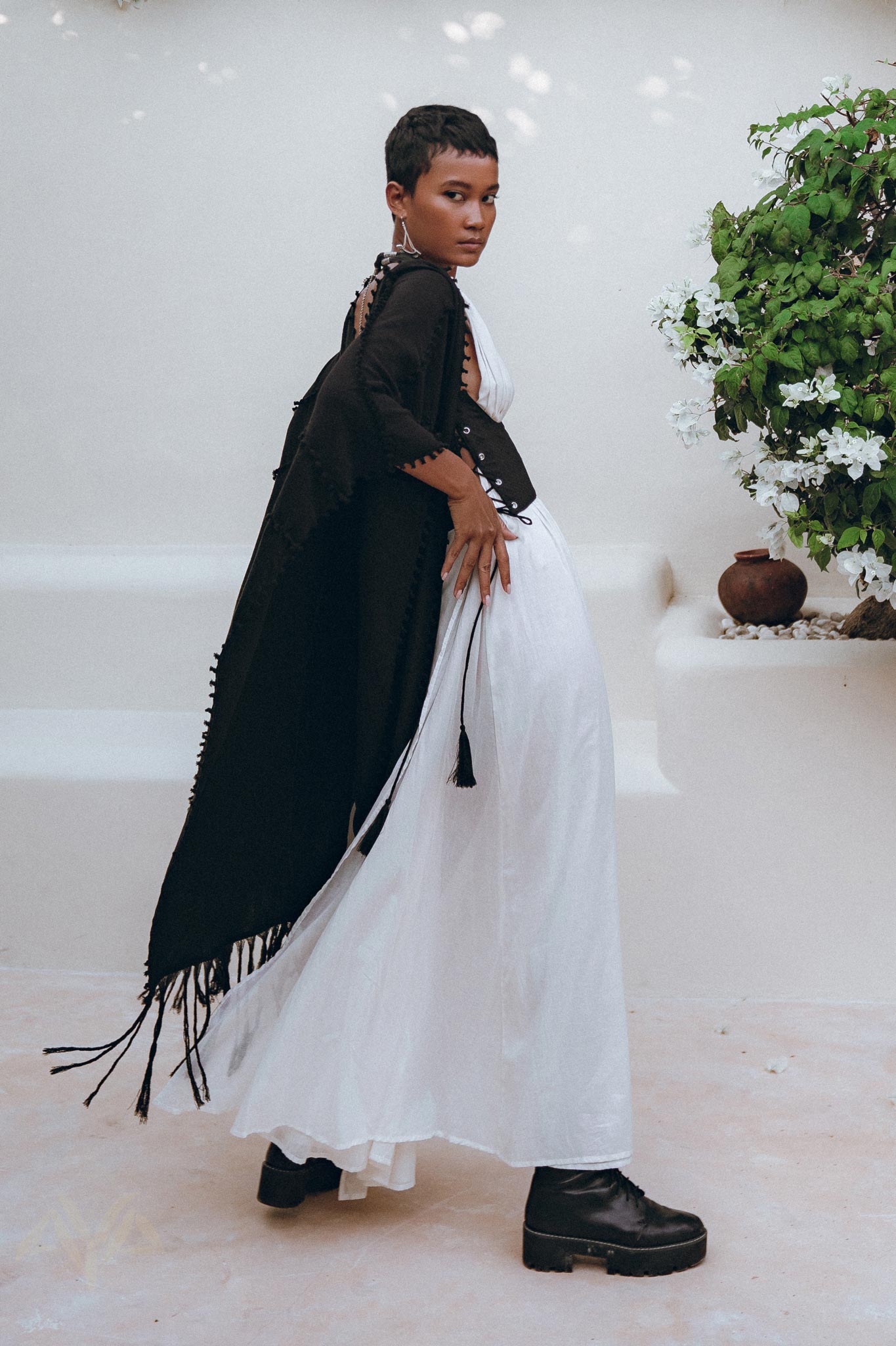 Black Poncho Robe • Boho Cape for Women • Bohemian Kimono Overcoat - AYA SW IDR