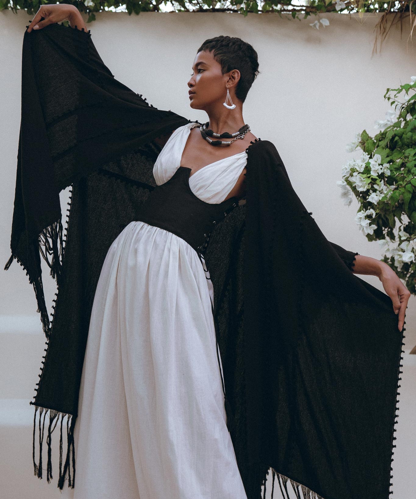 Black Poncho Robe • Boho Cape for Women • Bohemian Kimono Overcoat - AYA SW IDR