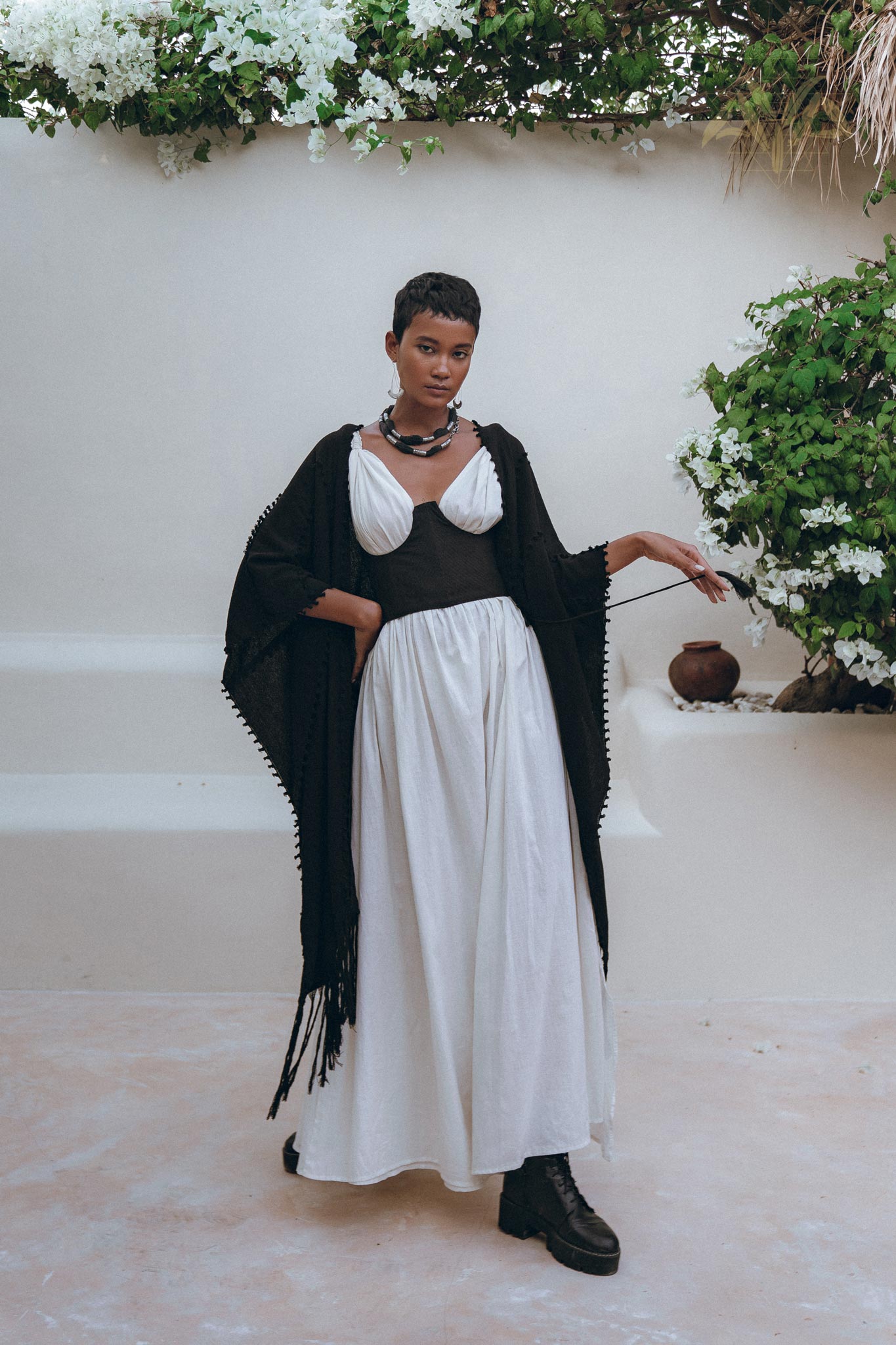 Black Poncho Robe • Boho Cape for Women • Bohemian Kimono Overcoat - AYA SW IDR