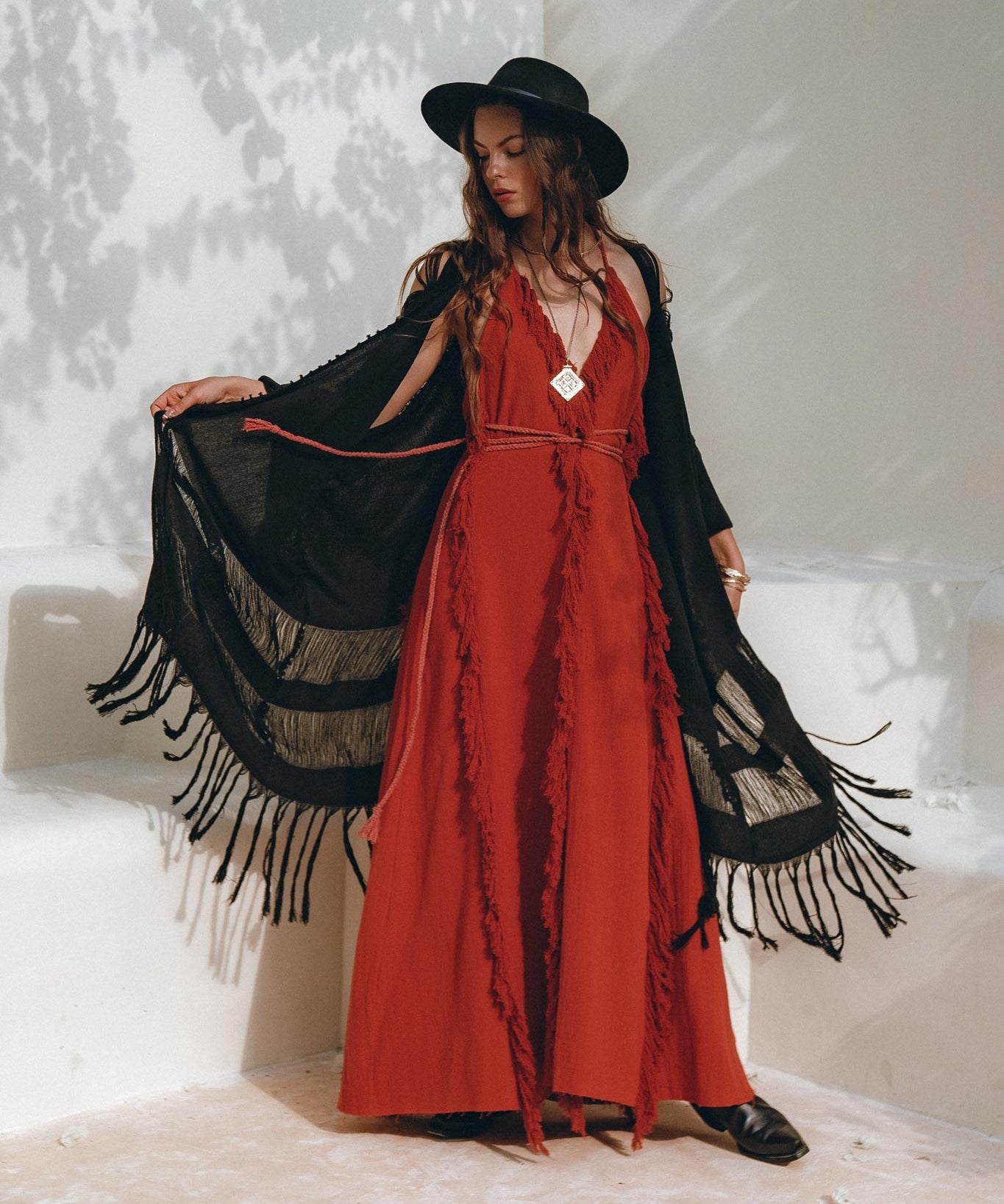 Black Poncho Robe • Boho Cape for Women • Handmade Bohemian Poncho - AYA SW IDR