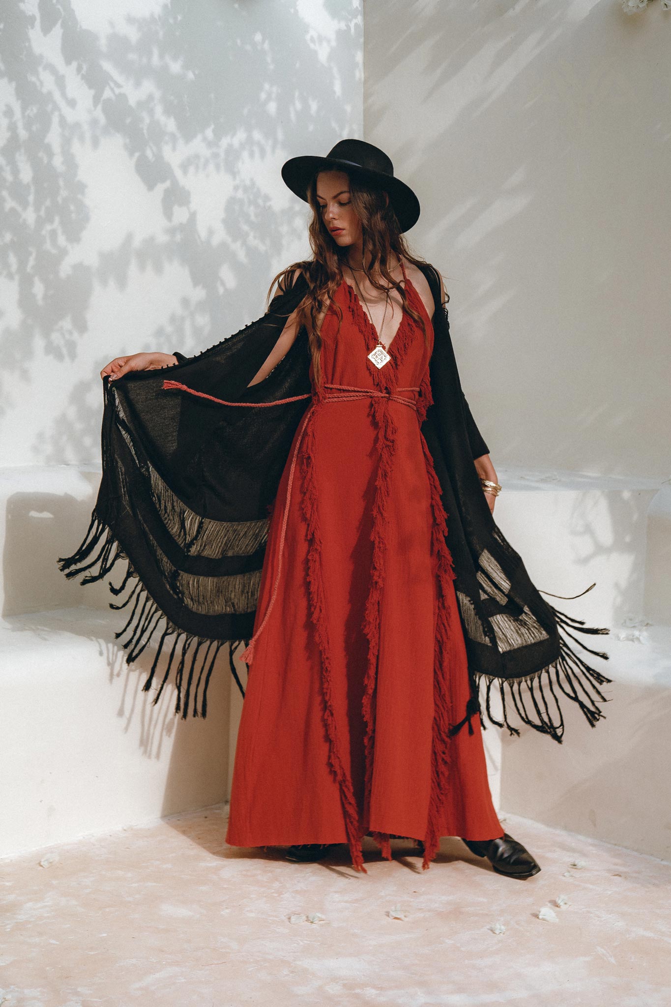 Black Poncho Robe • Boho Cape for Women • Handmade Bohemian Poncho - AYA SW IDR