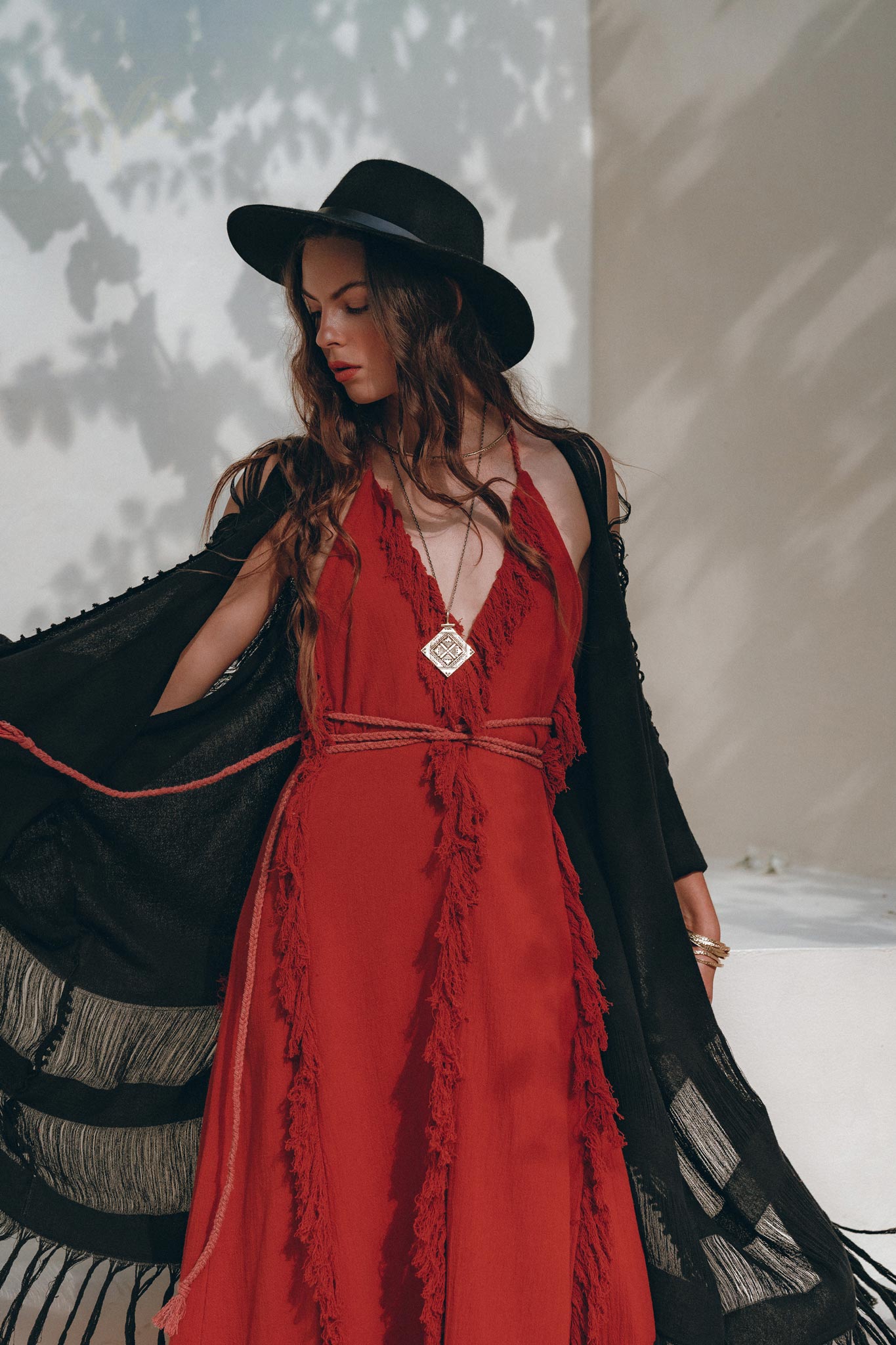 Black Poncho Robe • Boho Cape for Women • Handmade Bohemian Poncho - AYA SW IDR