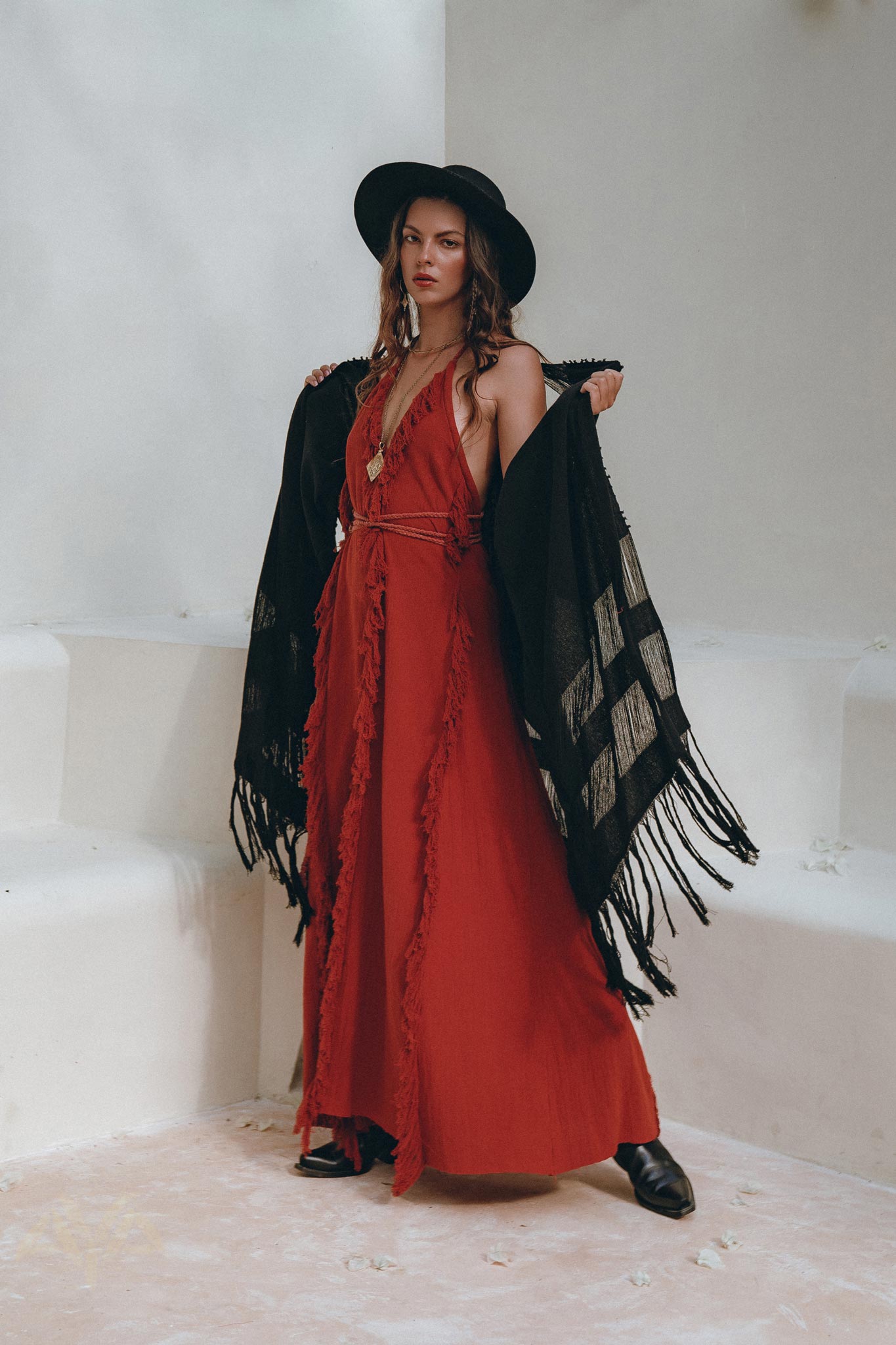 Black Poncho Robe • Boho Cape for Women • Handmade Bohemian Poncho - AYA SW IDR