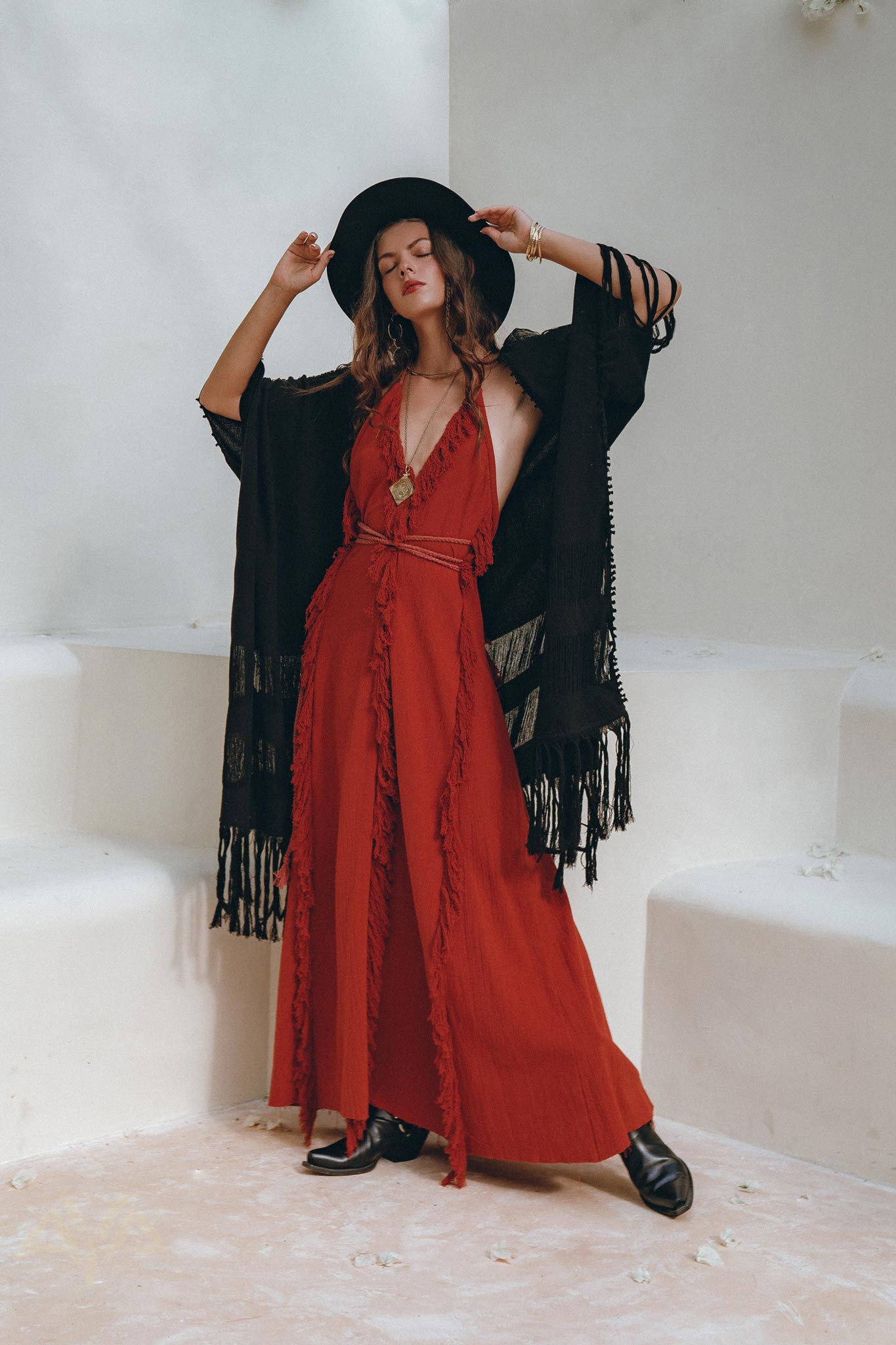 Black Poncho Robe • Boho Cape for Women • Handmade Bohemian Poncho - AYA SW IDR