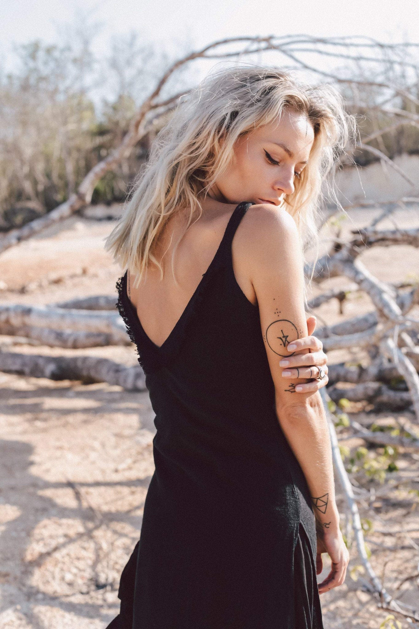 Black Slit Dress with Open Back, Simple Black Wedding Dress High Low Hem - AYA SW IDR