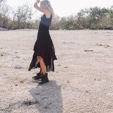 Black Slit Dress with Open Back, Simple Black Wedding Dress High Low Hem - AYA SW IDR