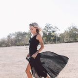 Black Slit Dress with Open Back, Simple Black Wedding Dress High Low Hem - AYA SW IDR