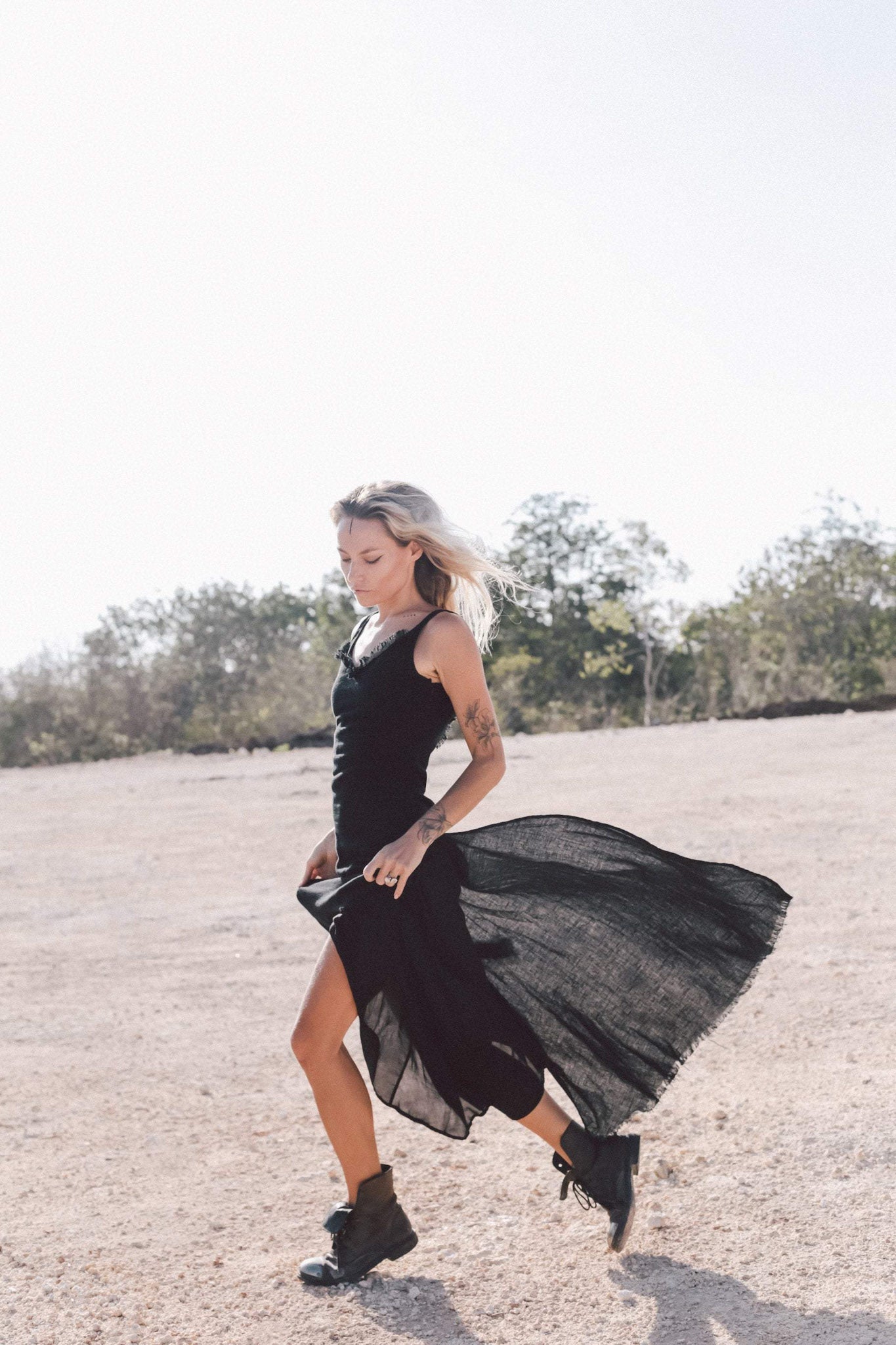 Black Slit Dress with Open Back, Simple Black Wedding Dress High Low Hem - AYA SW IDR