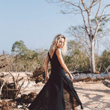 Black Slit Dress with Open Back, Simple Black Wedding Dress High Low Hem - AYA SW IDR