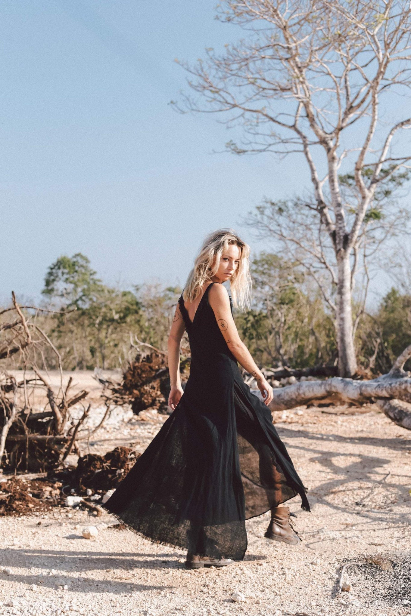 Black Slit Dress with Open Back, Simple Black Wedding Dress High Low Hem - AYA SW IDR