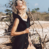 Black Slit Dress with Open Back, Simple Black Wedding Dress High Low Hem - AYA SW IDR