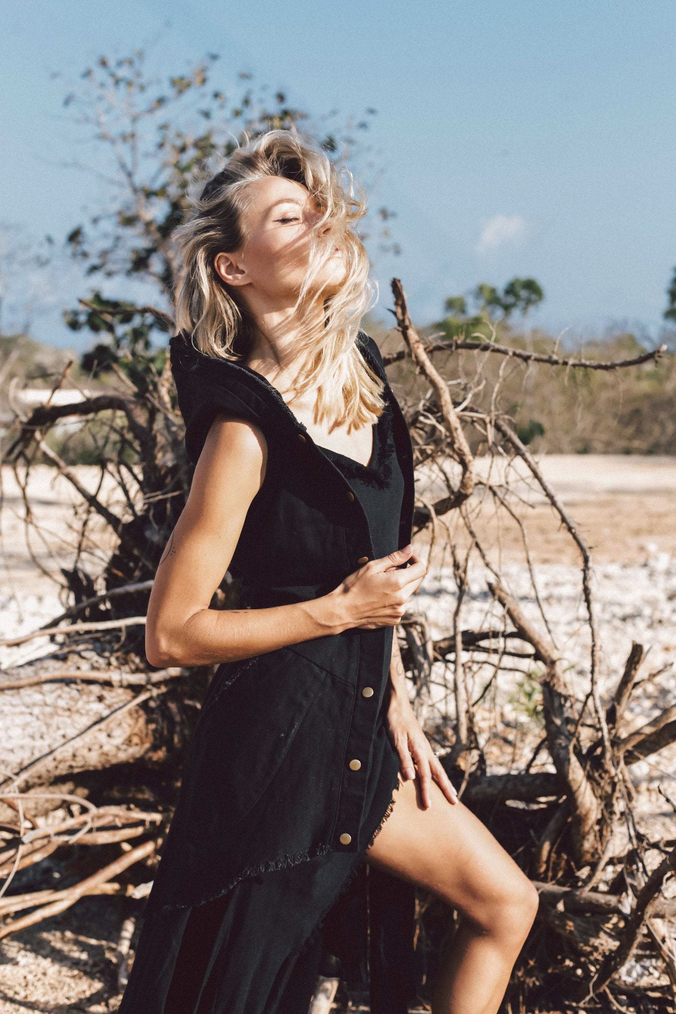 Black Slit Dress with Open Back, Simple Black Wedding Dress High Low Hem - AYA SW IDR