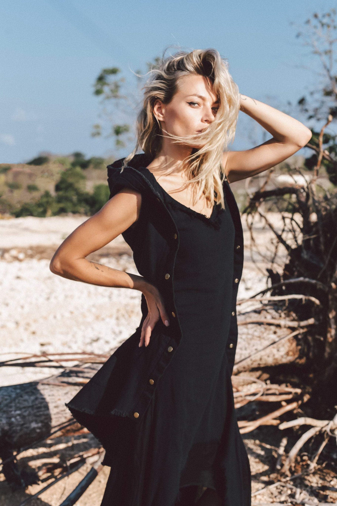Black Slit Dress with Open Back, Simple Black Wedding Dress High Low Hem - AYA SW IDR