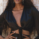 Black Venus Peace Silk Blouse • Elegant Goddess Sleeves Crop Top • Adjustable Wrap Top - AYA SW IDR