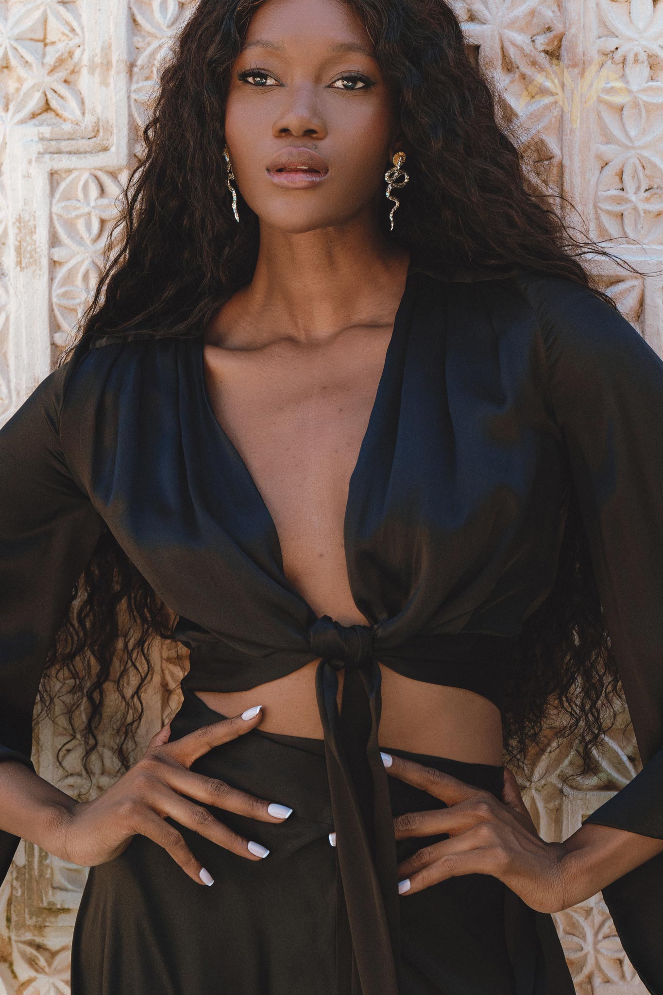 Black Venus Peace Silk Blouse • Elegant Goddess Sleeves Crop Top • Adjustable Wrap Top - AYA SW IDR