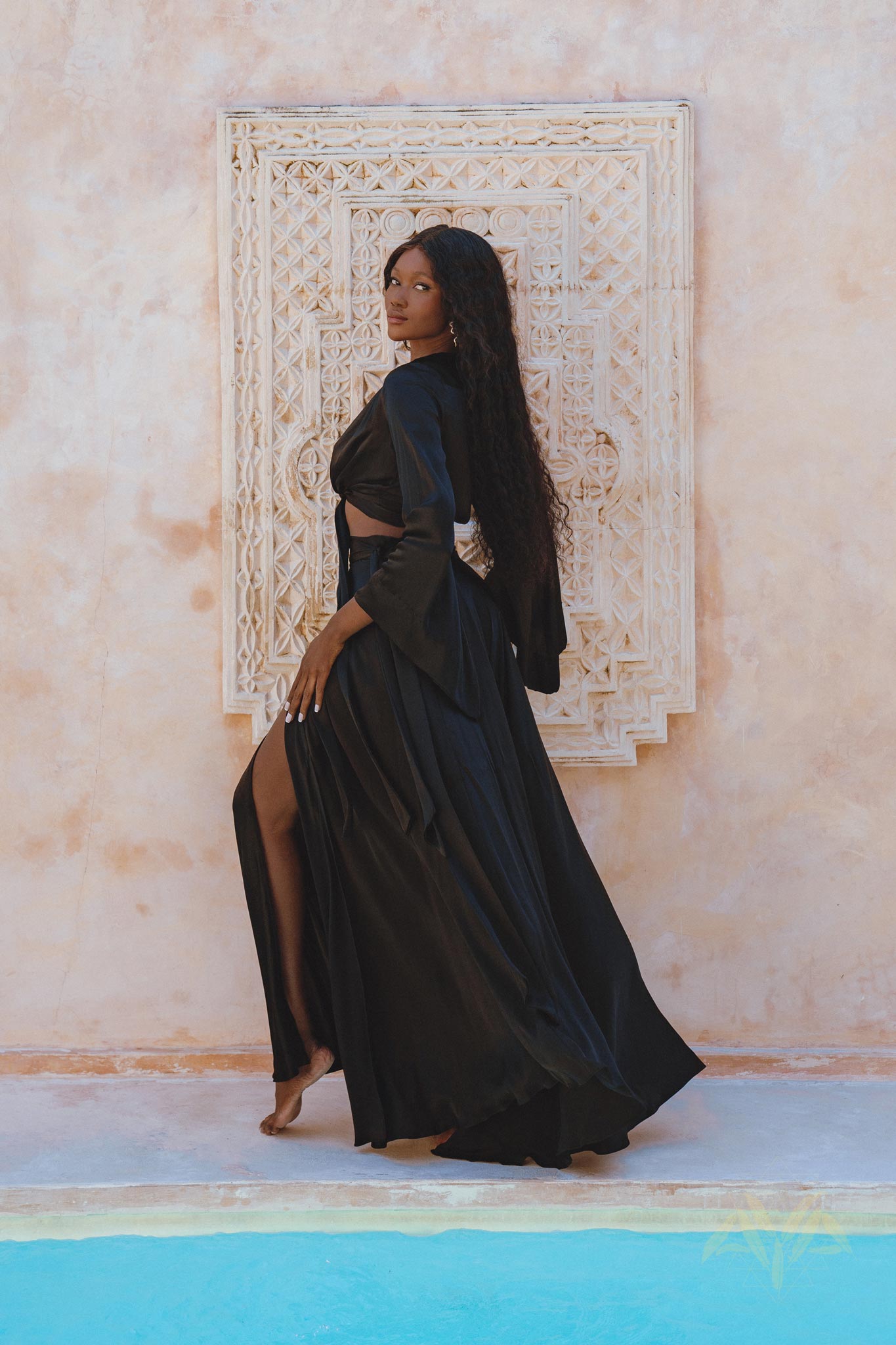 Black Venus Peace Silk Blouse • Elegant Goddess Sleeves Crop Top • Adjustable Wrap Top - AYA SW IDR