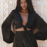 Black Venus Peace Silk Blouse • Elegant Goddess Sleeves Crop Top • Adjustable Wrap Top - AYA SW IDR