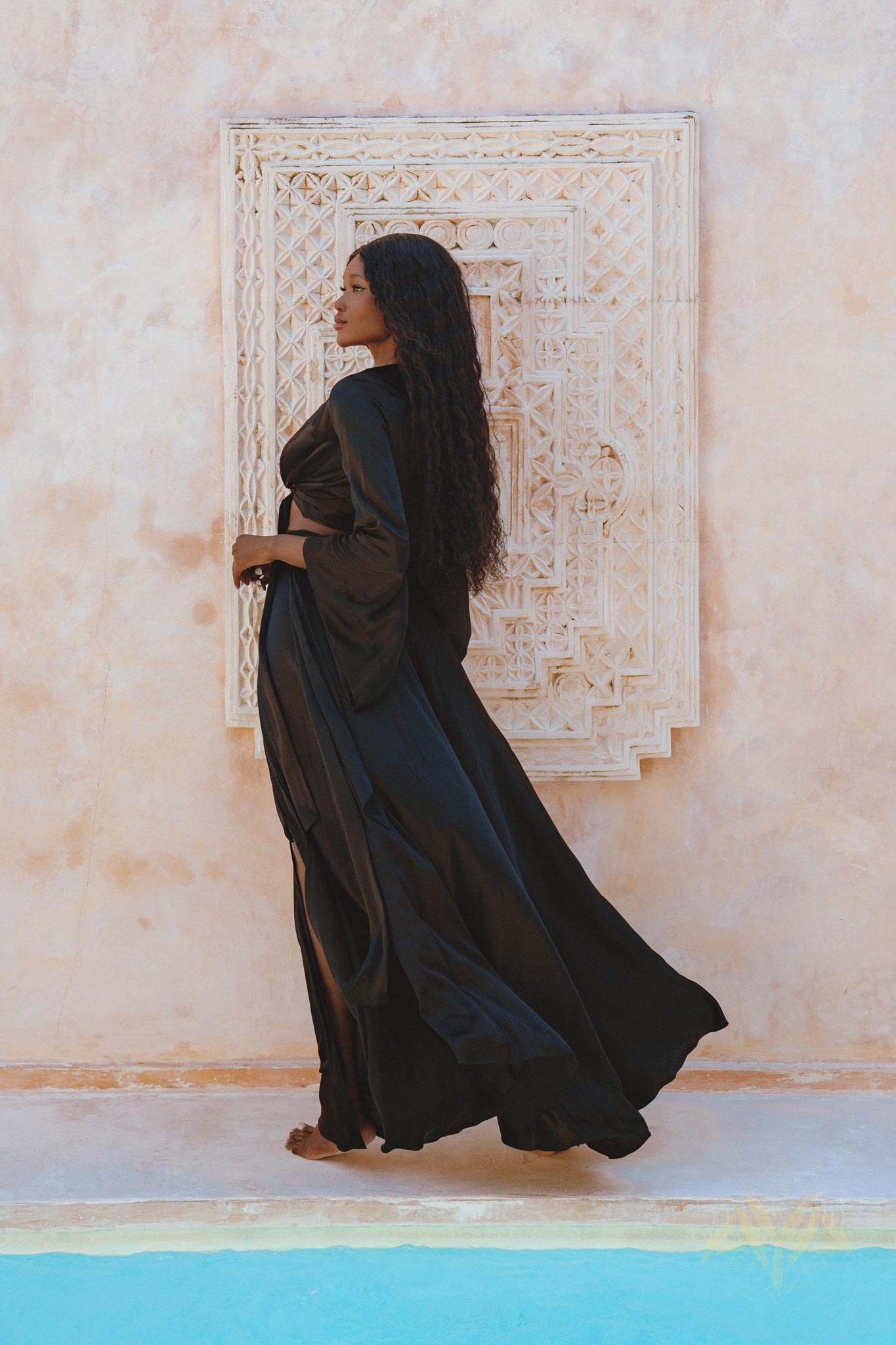 Black Venus Peace Silk Blouse • Elegant Goddess Sleeves Crop Top • Adjustable Wrap Top - AYA SW IDR