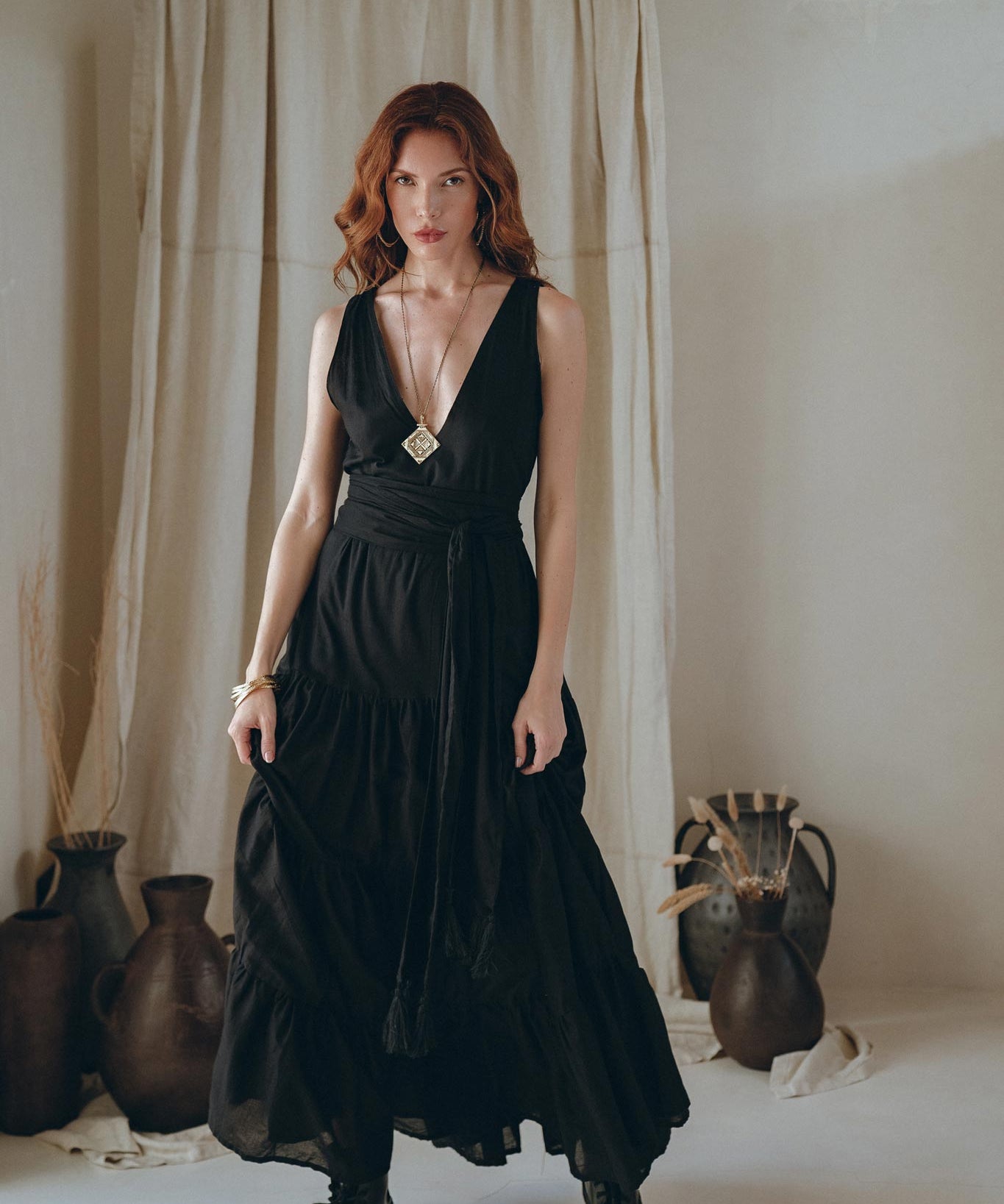 Black A line Bridesmaid Dress, Boho Maternity Organic Cotton Dress - AYA Sacred Wear