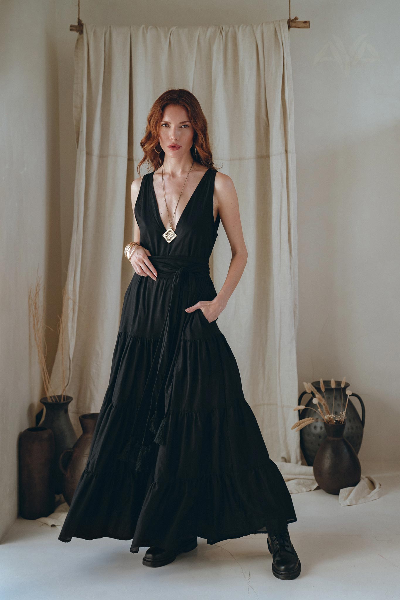 Black A line Bridesmaid Dress, Boho Maternity Organic Cotton Dress - AYA Sacred Wear