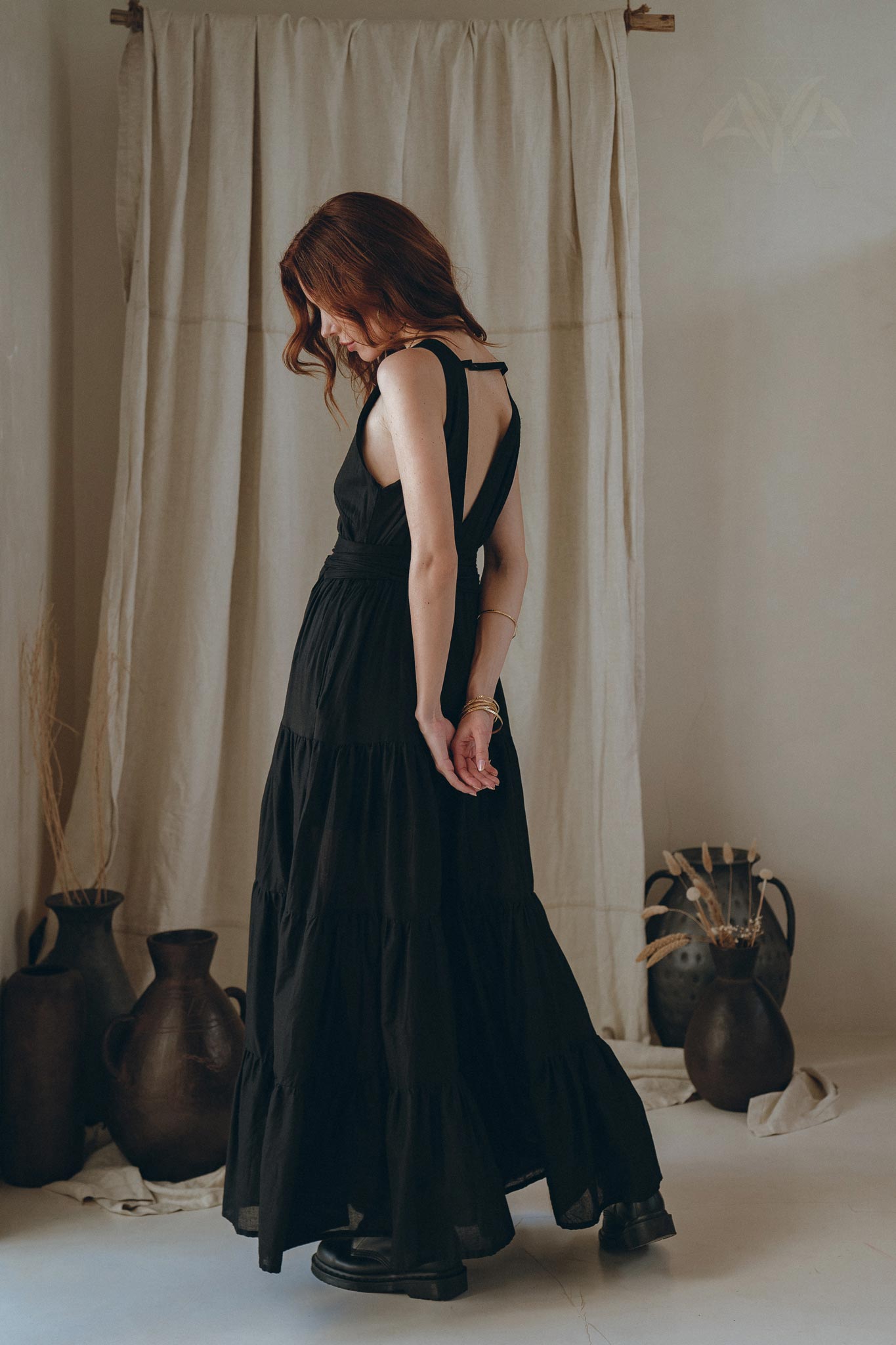 Black A line Bridesmaid Dress, Boho Maternity Organic Cotton Dress - AYA Sacred Wear
